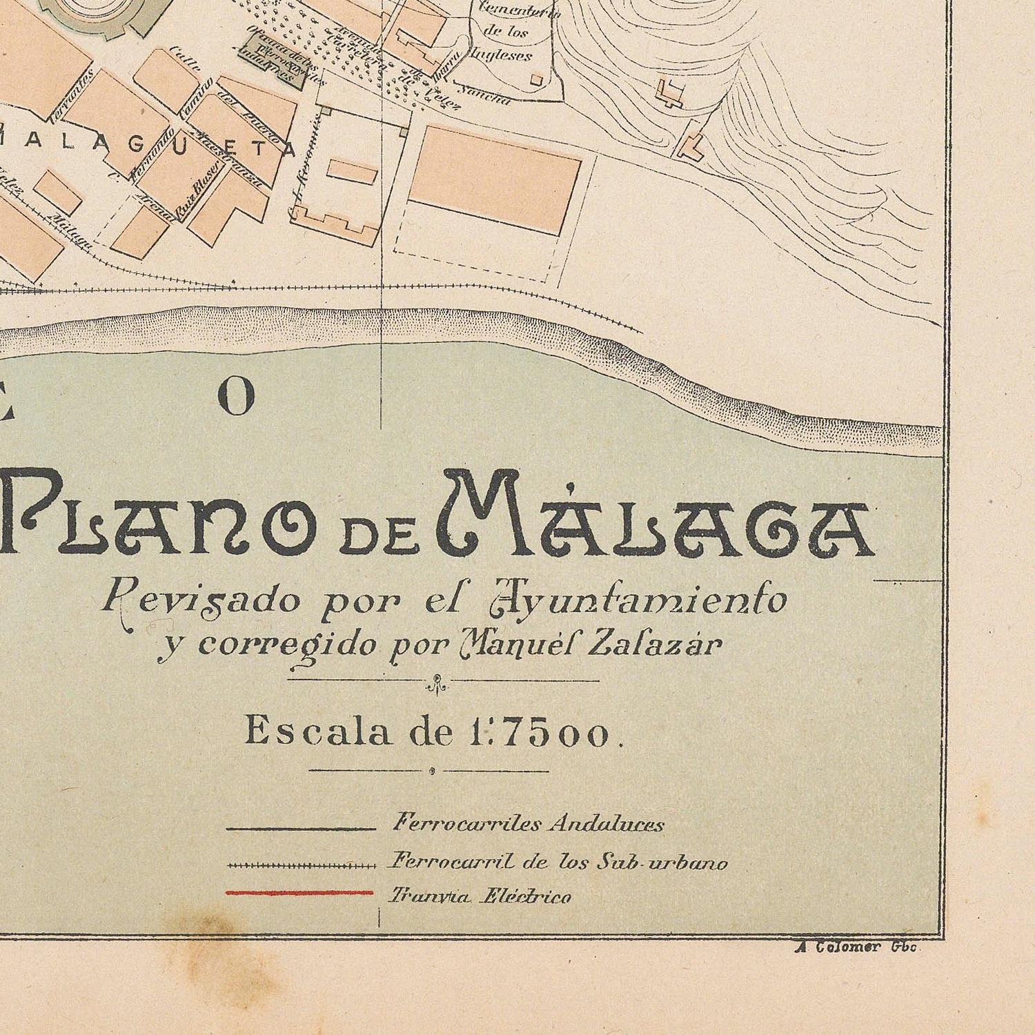 Vintage map of Málaga with architectural details and text