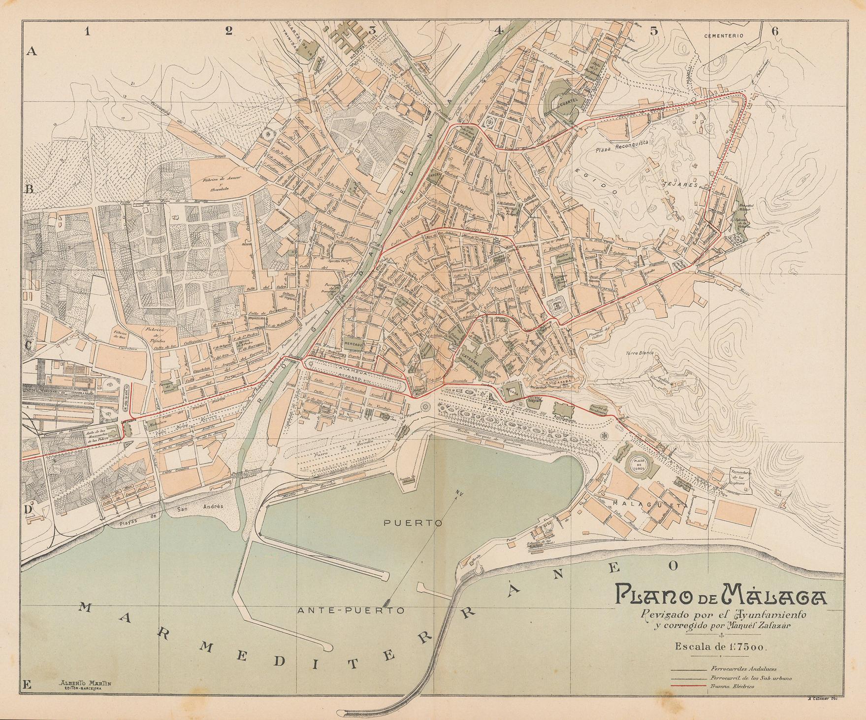 Vintage map of Málaga city layout with roads and landmarks