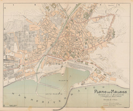 Vintage map of Málaga city layout with roads and landmarks