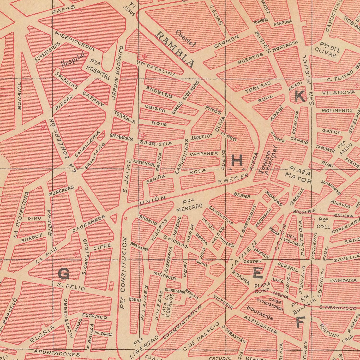 Vintage map of a city with street names and grid layout
