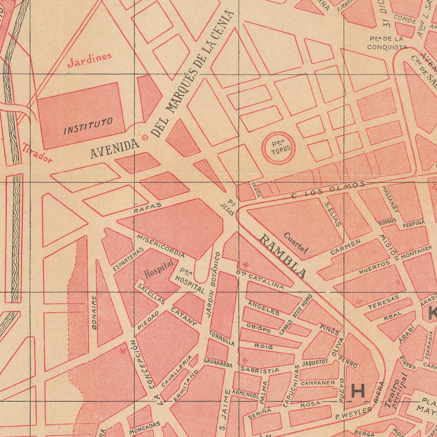 Vintage map of a city layout with streets and landmarks