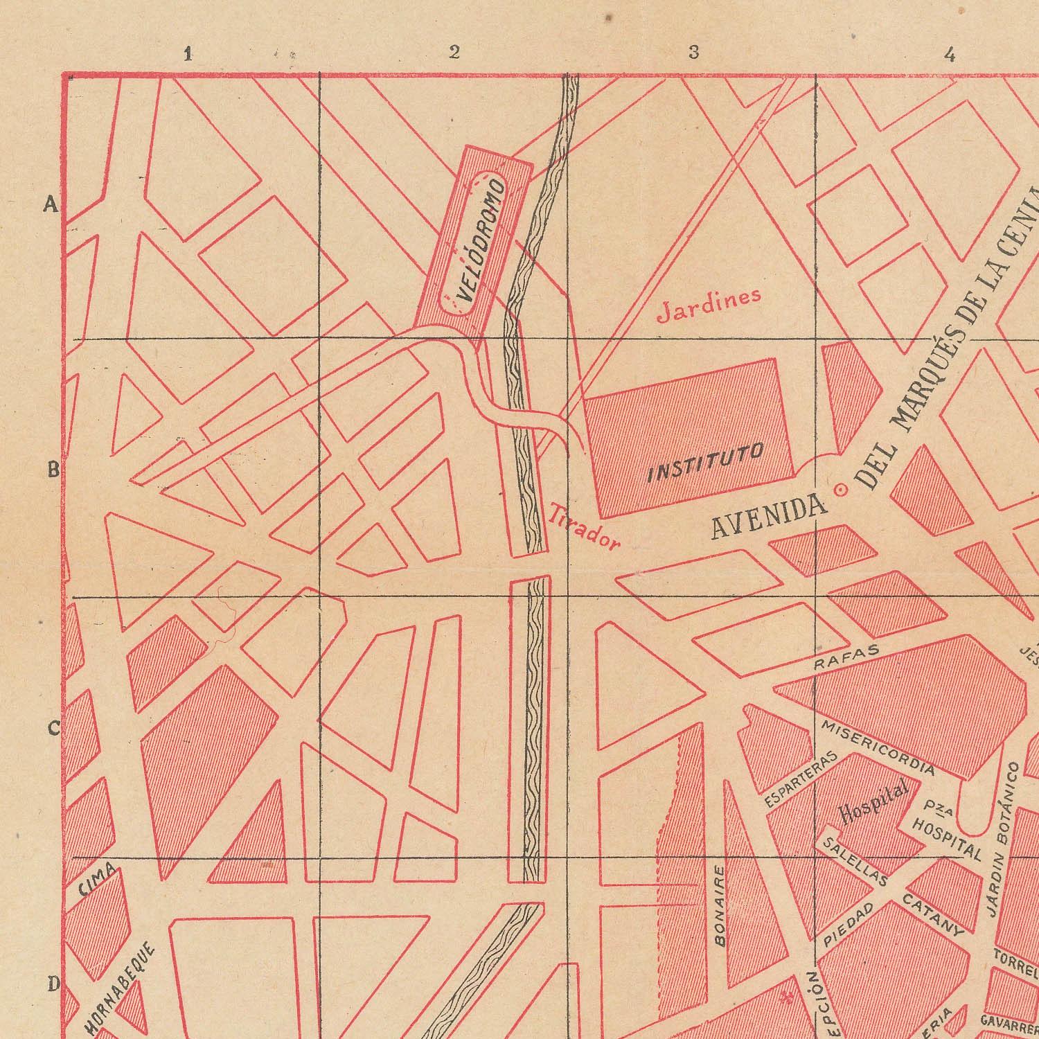 Vintage map with red lines and text on a beige background