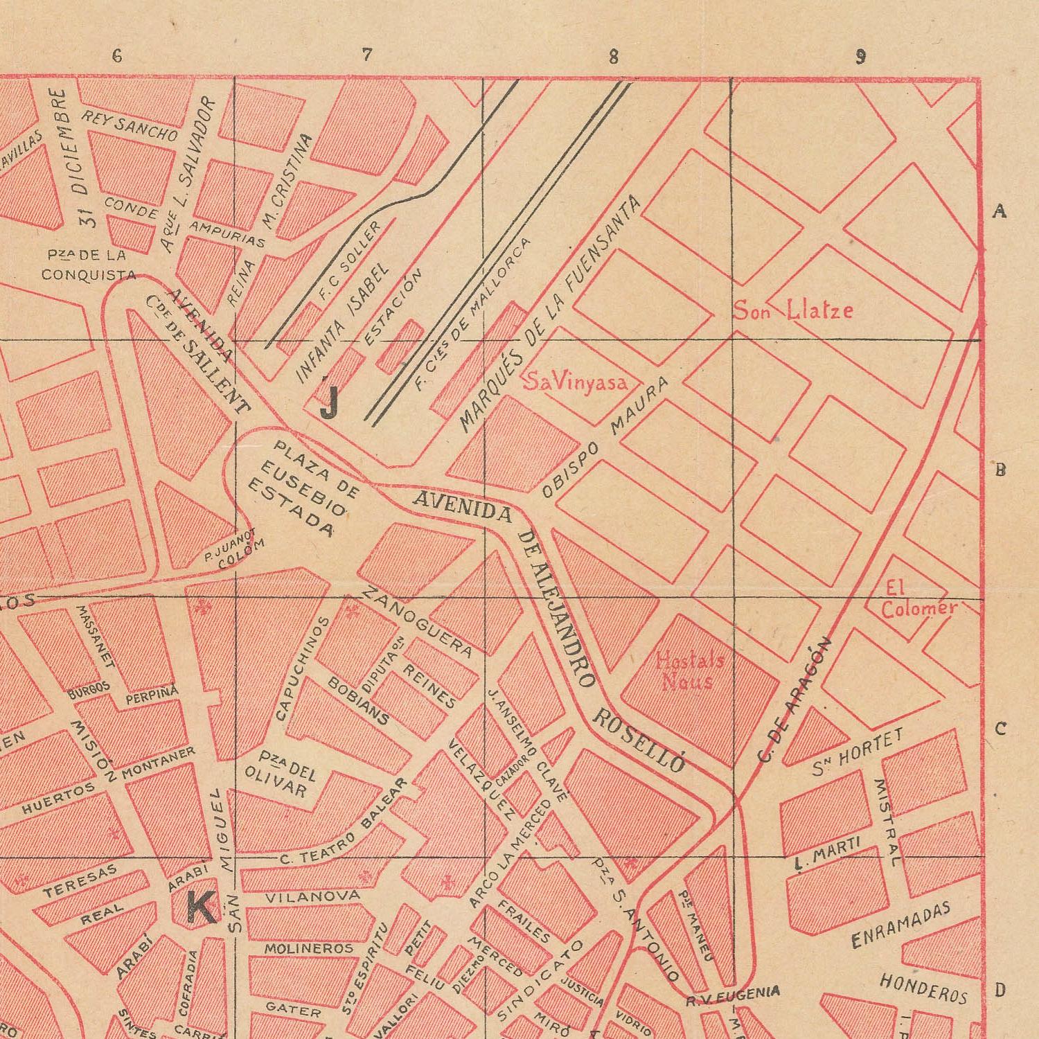 Vintage map of a city layout with streets and landmarks