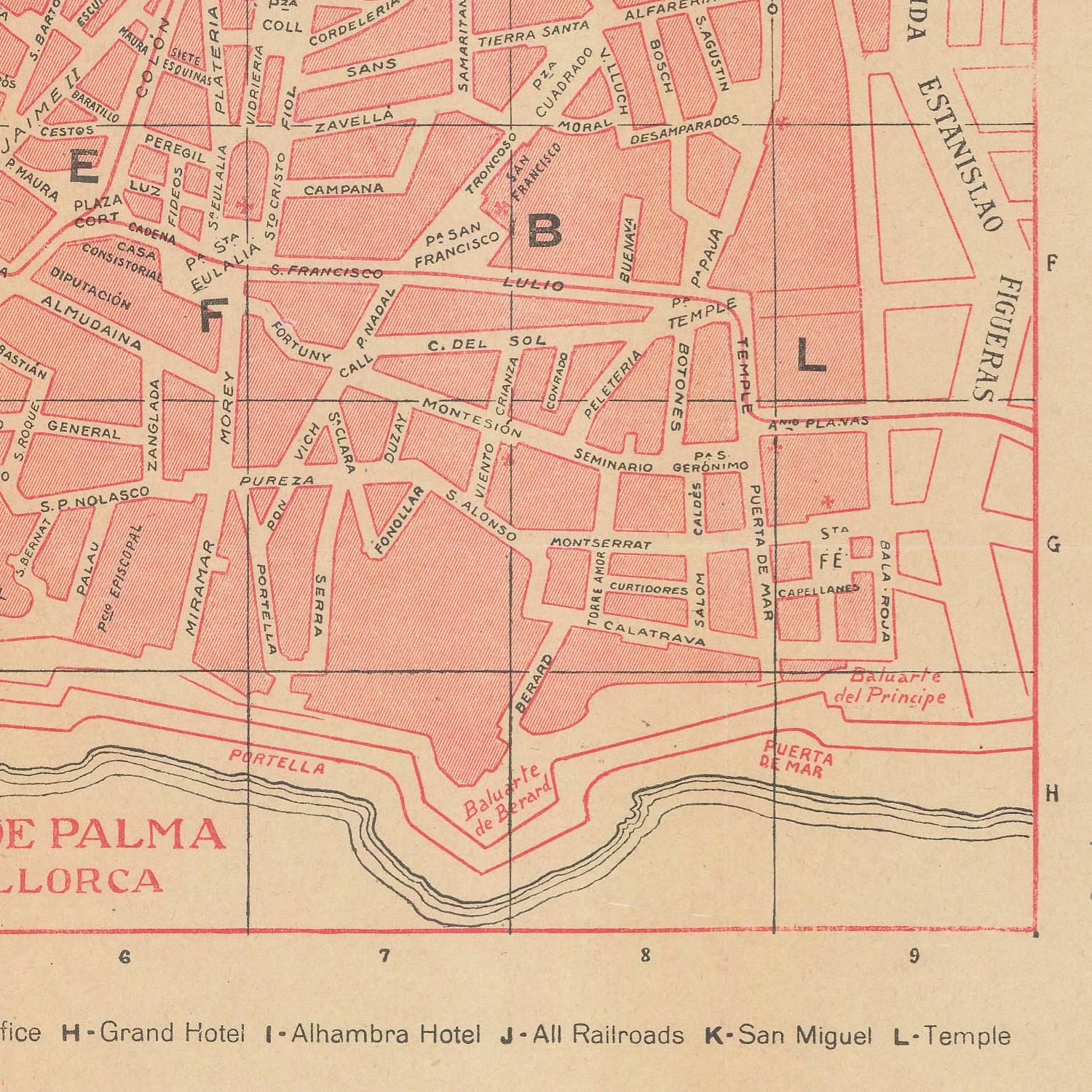 Vintage map of Palma de Mallorca with street names and landmarks.
