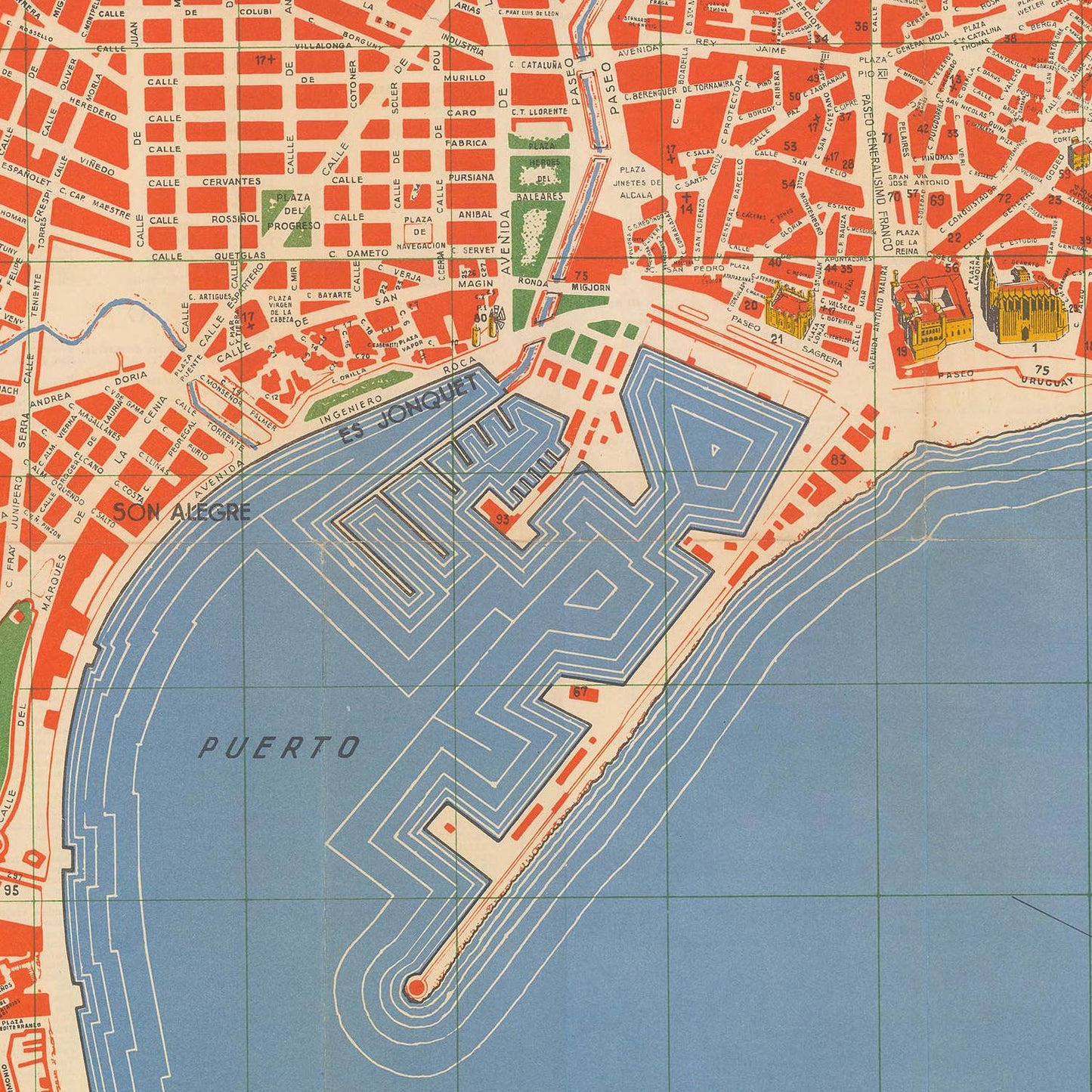 Vintage map of a coastal city with a prominent harbor labeled 'Puerto'.