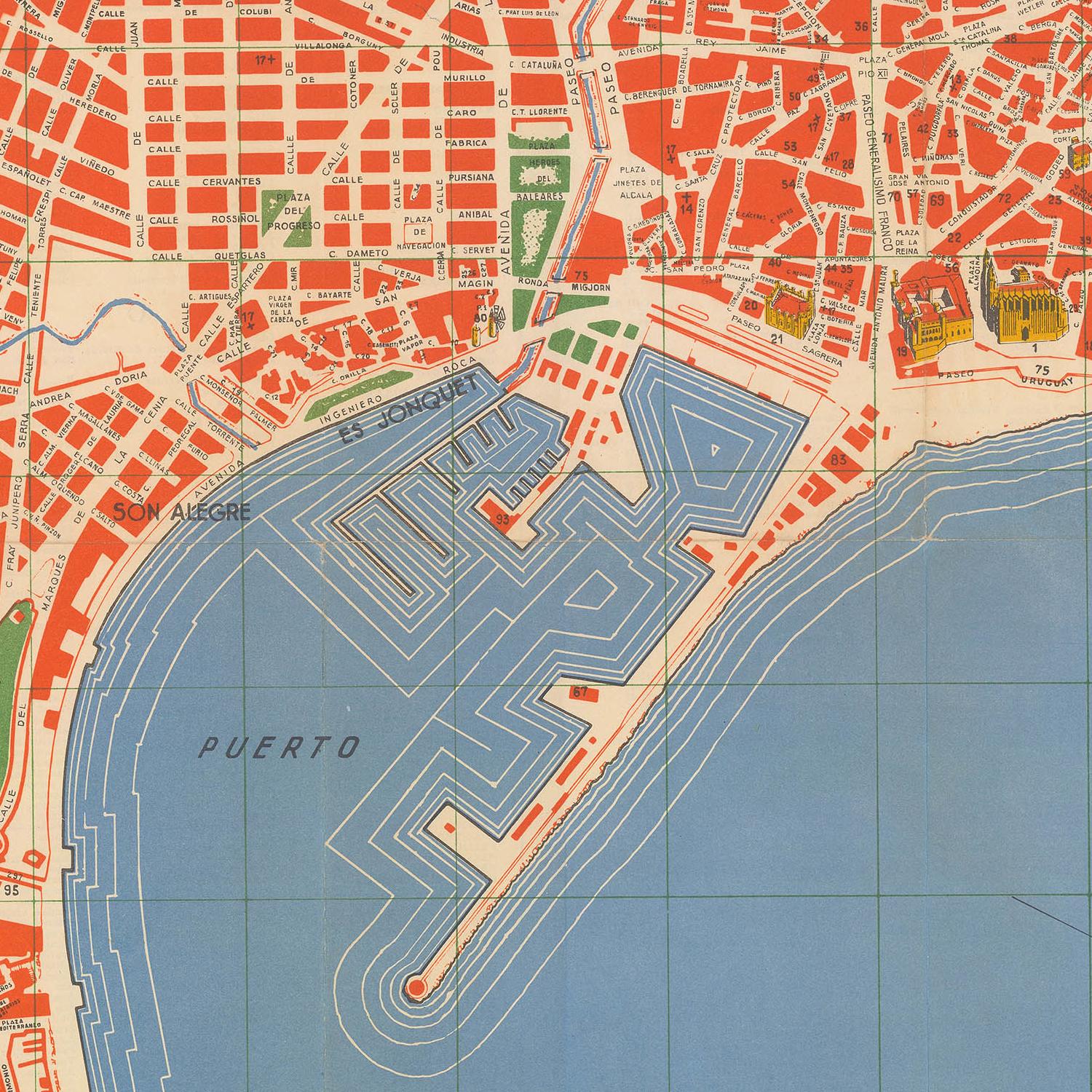 Vintage map of a coastal city with a prominent harbor labeled 'Puerto'.