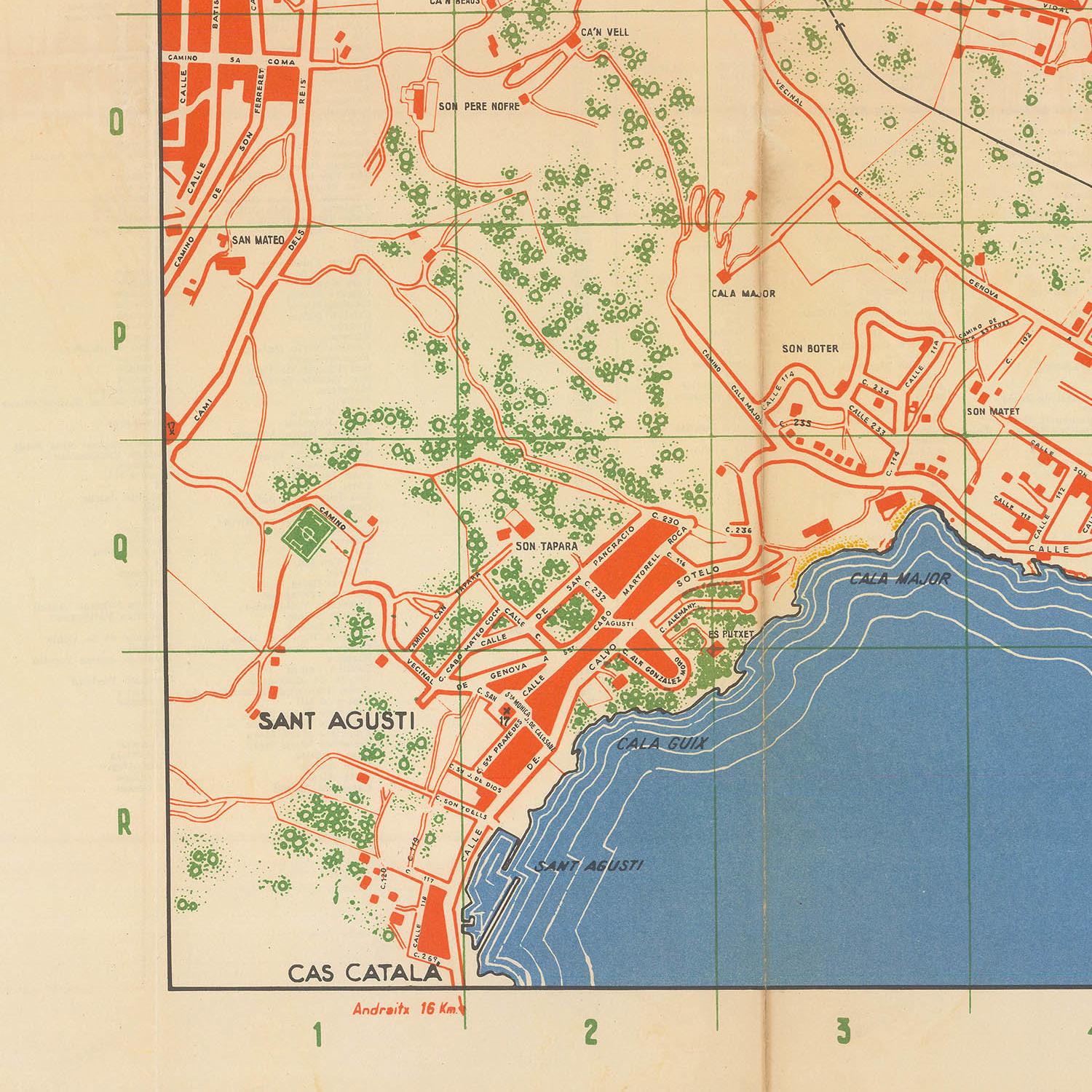 Vintage map of a coastal area with roads, buildings, and green spaces.