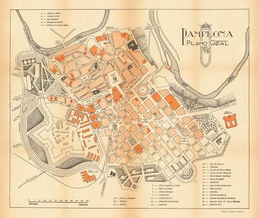 Vintage map of Pamplona with labeled streets and landmarks on a beige background