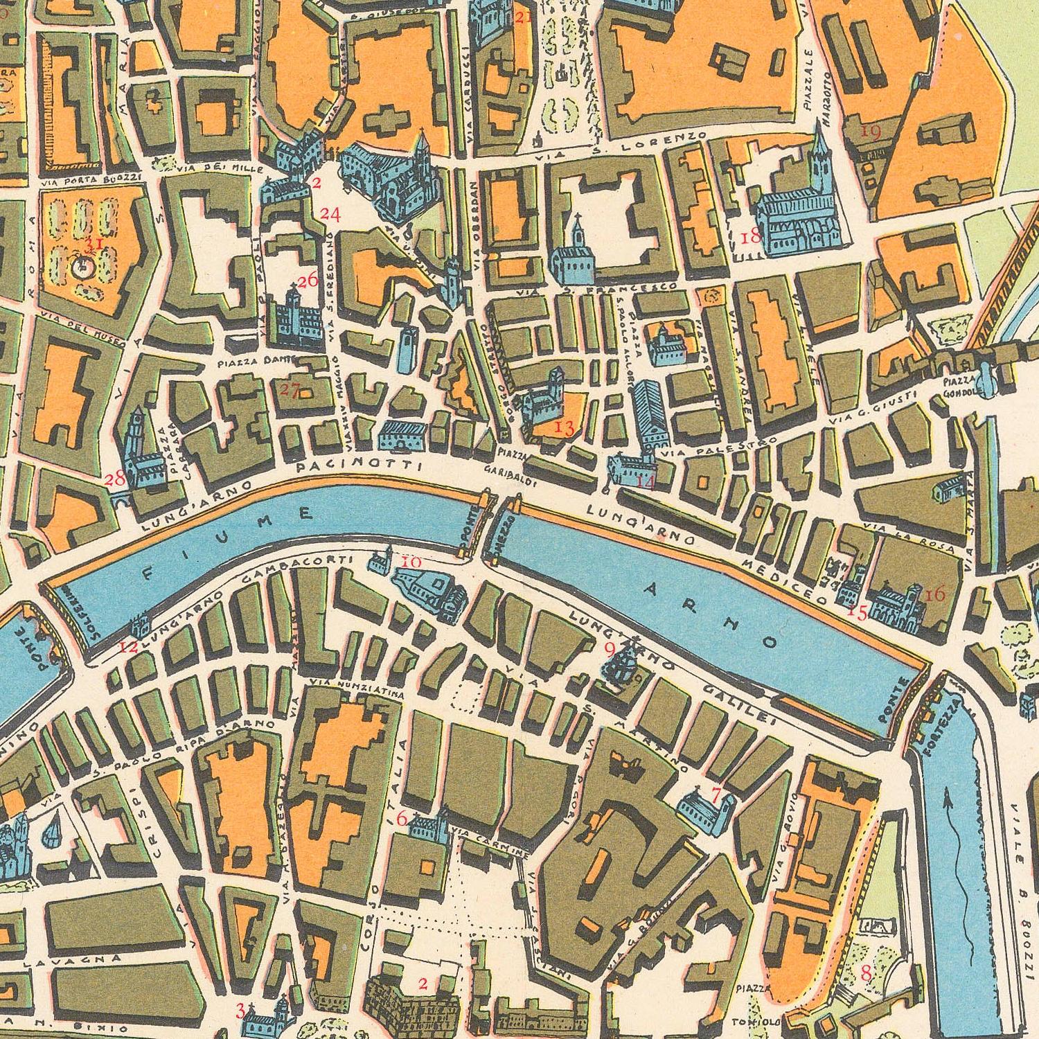 Colorful map of a city layout with roads and waterways