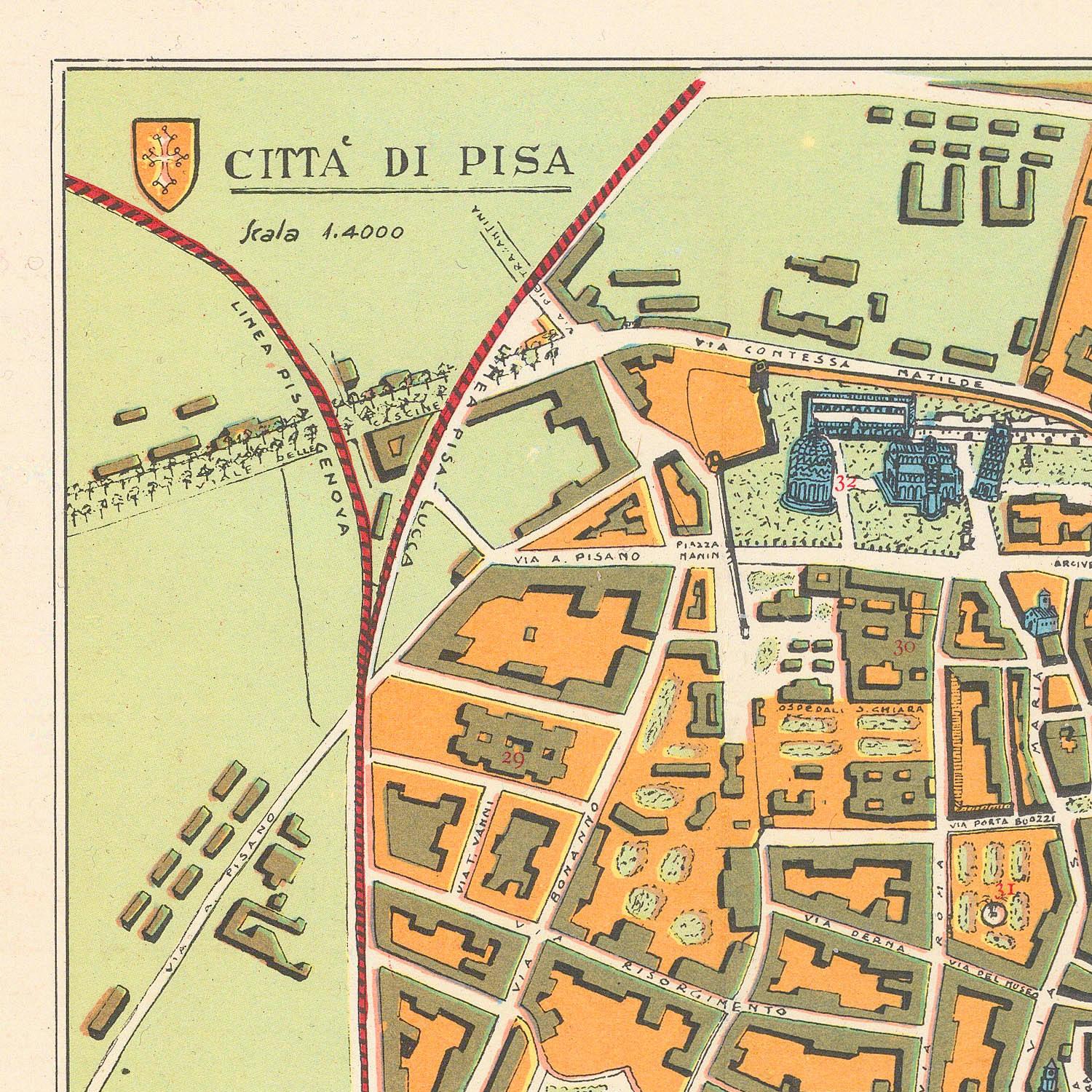 Vintage map of Città di Pisa with colored sections and labels.