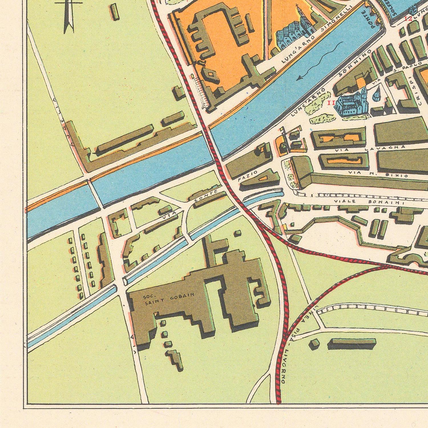 Colorful vintage map of a city layout with roads, buildings, and waterways.