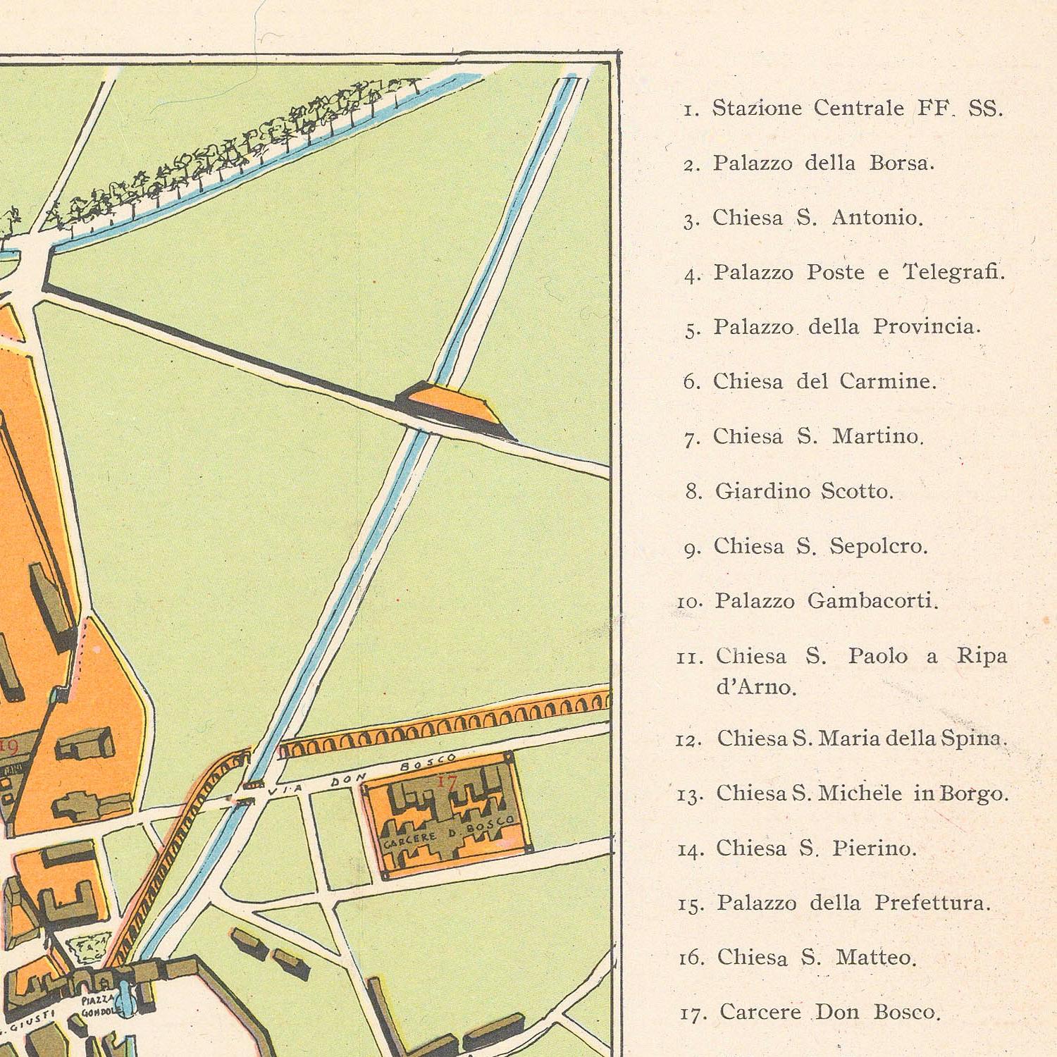Vintage map with labeled landmarks and a list of locations on a green background