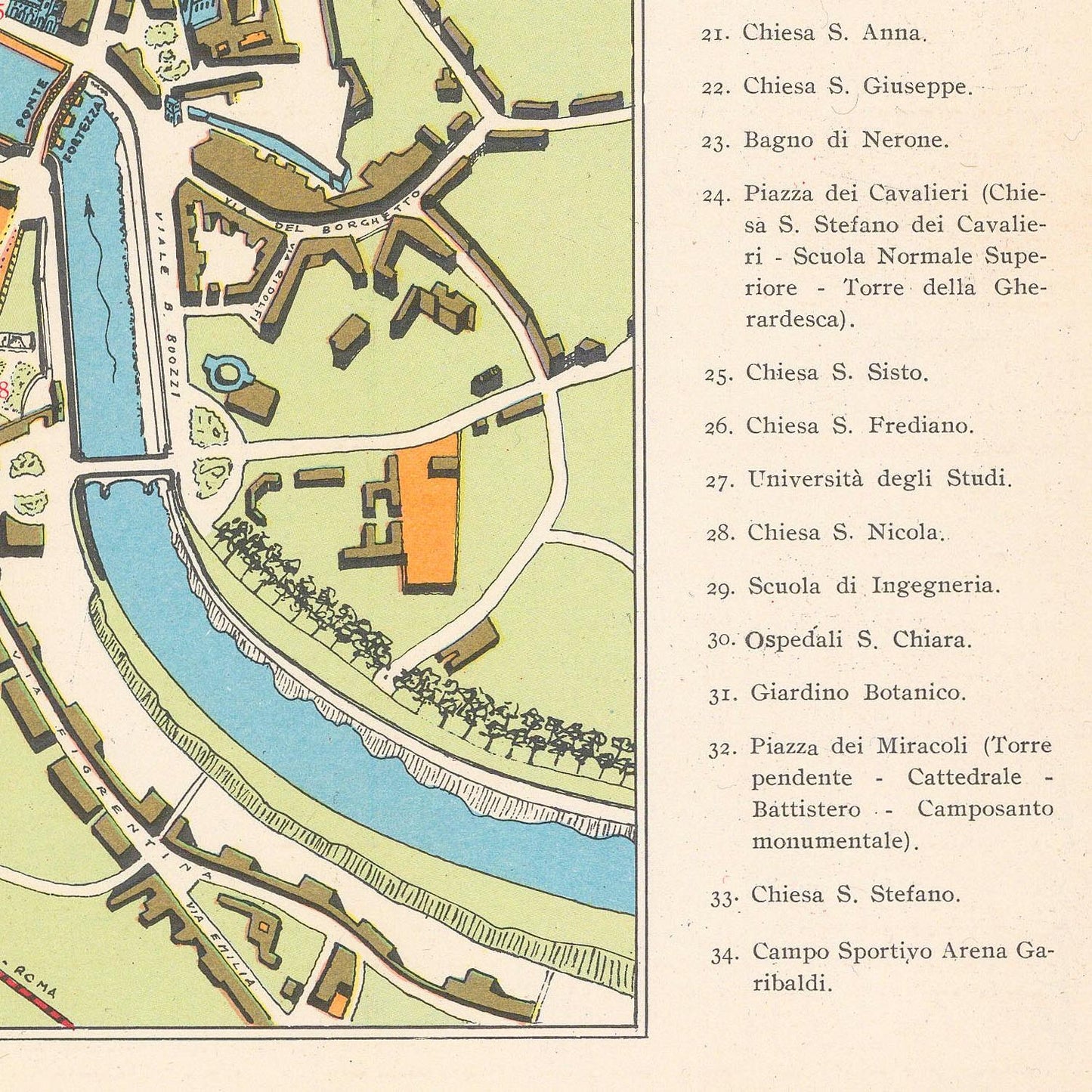Map of a city layout with labeled landmarks and a river