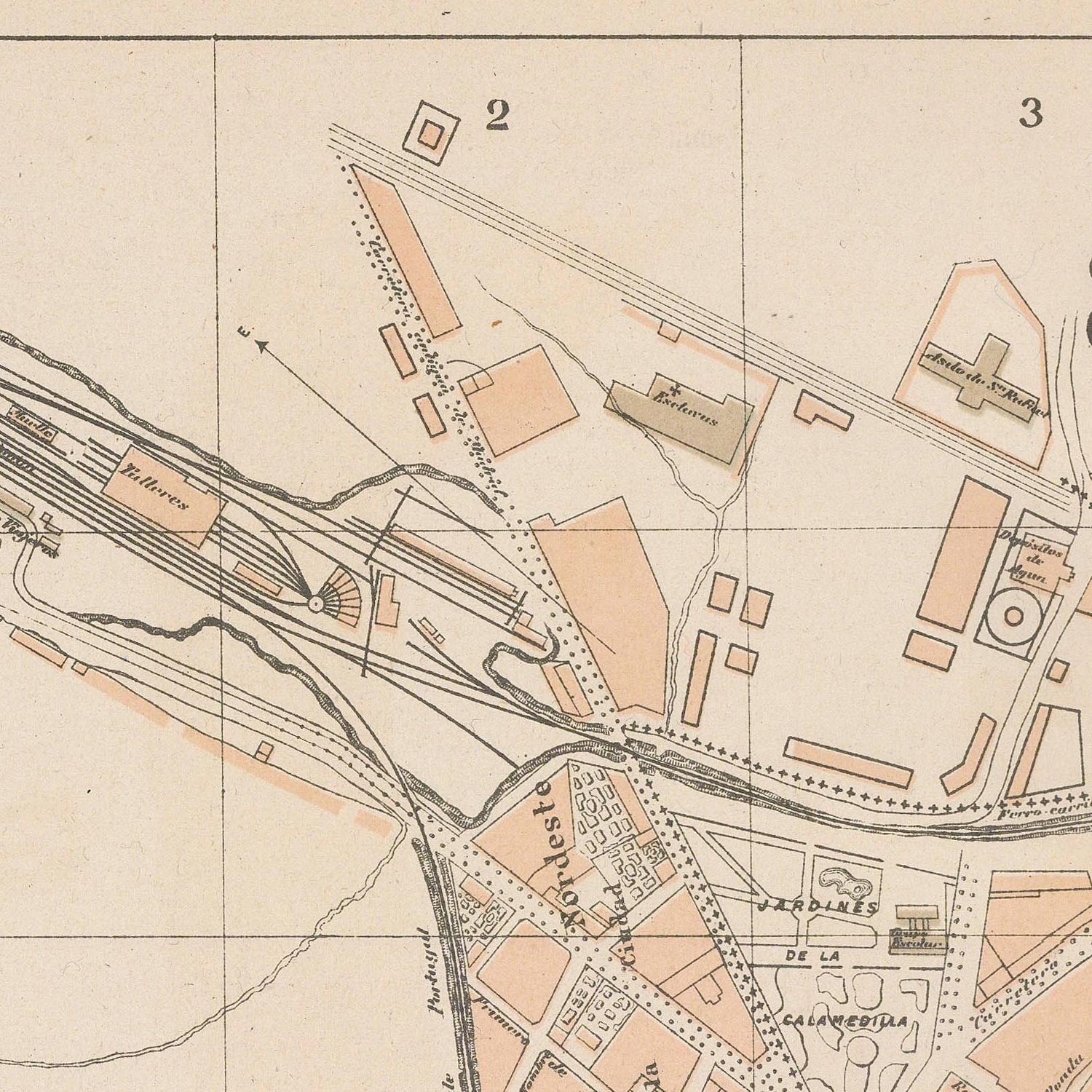 Vintage map of a city layout with roads and buildings