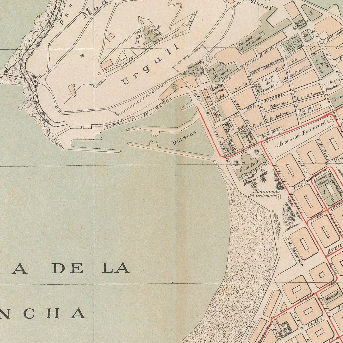 Vintage map of a coastal area with labeled streets and landmarks