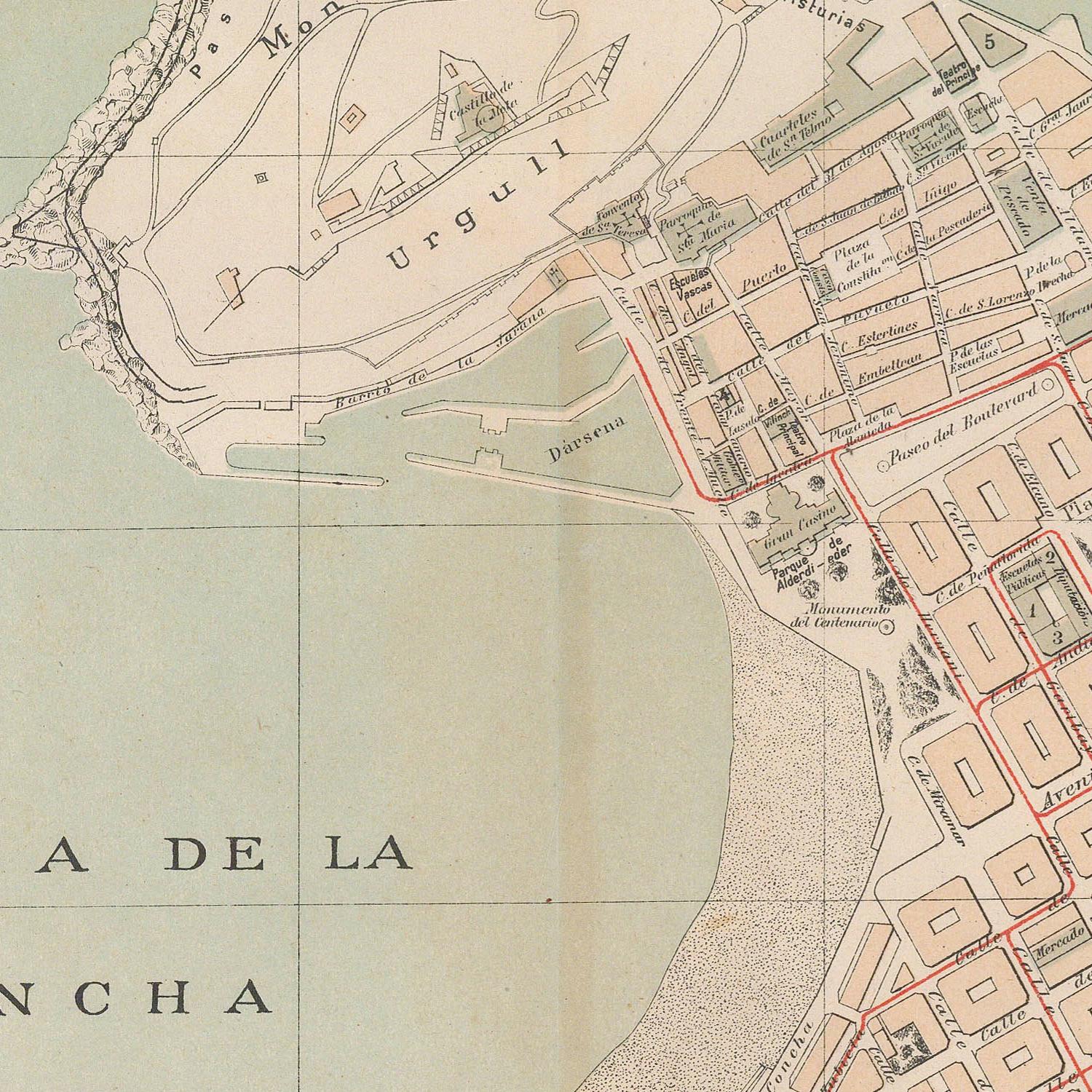 Vintage map of a coastal area with labeled streets and landmarks