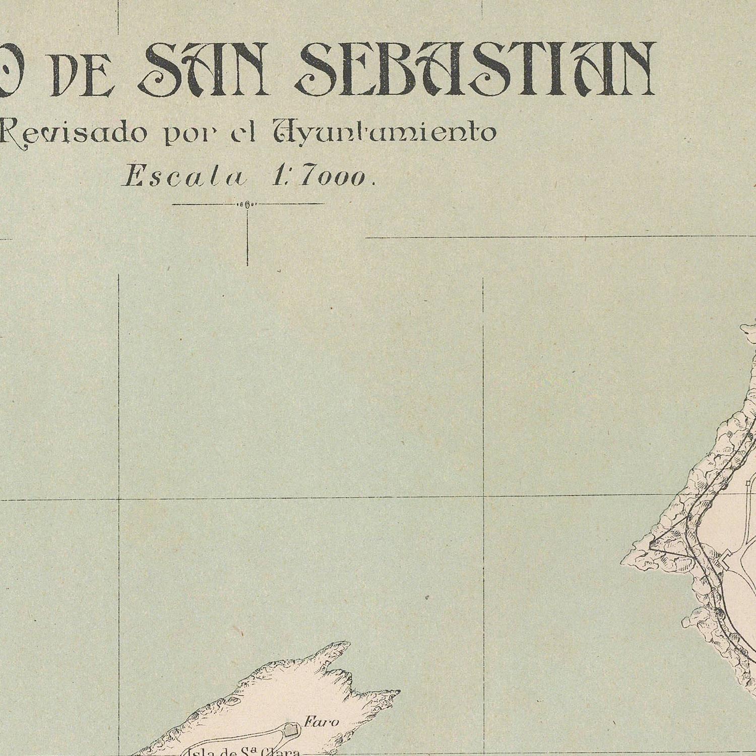 Vintage map of San Sebastian with grid lines and text on a light green background