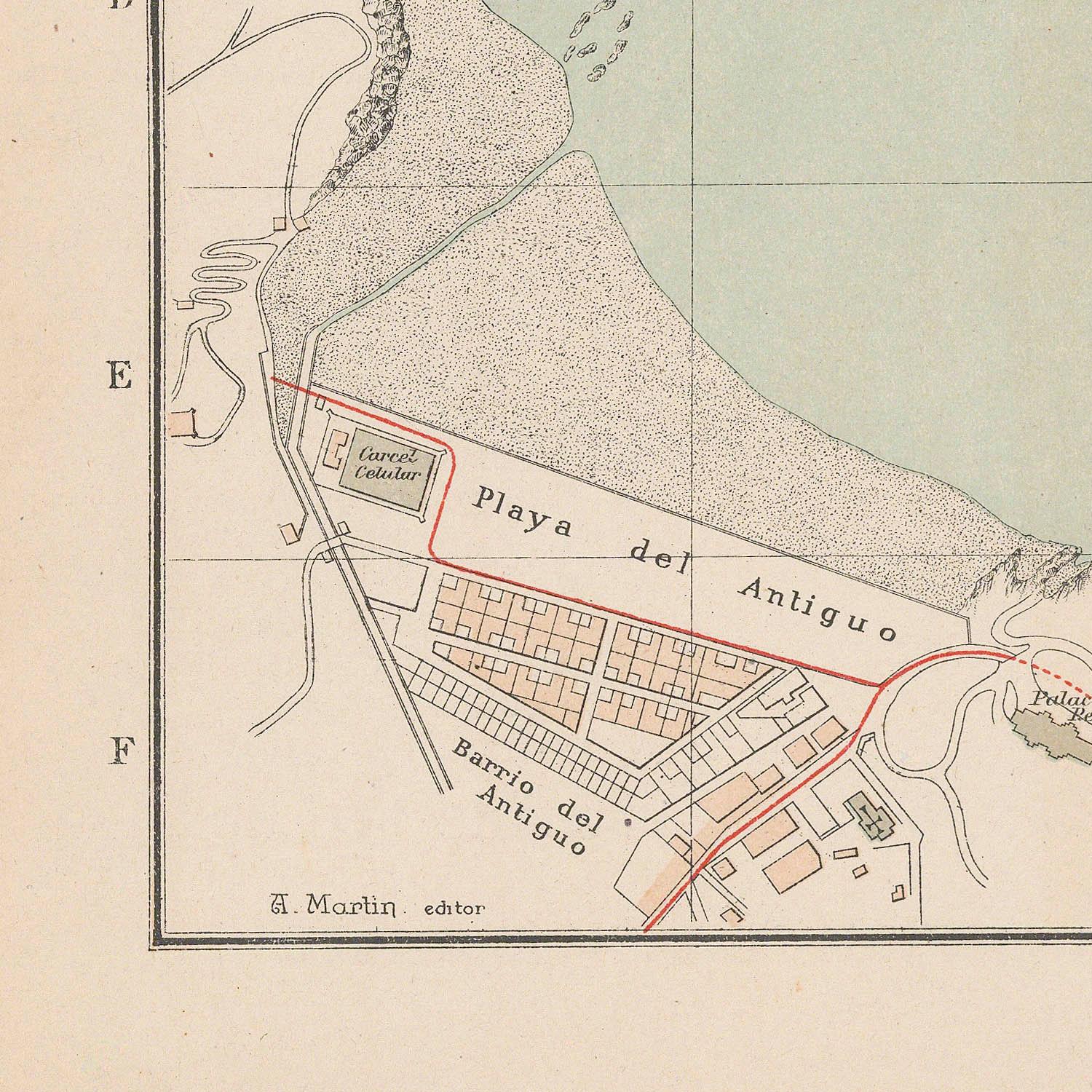 Vintage map of a coastal area with 'Playa del Antiguo' and 'Barrio del Antiguo' labeled.