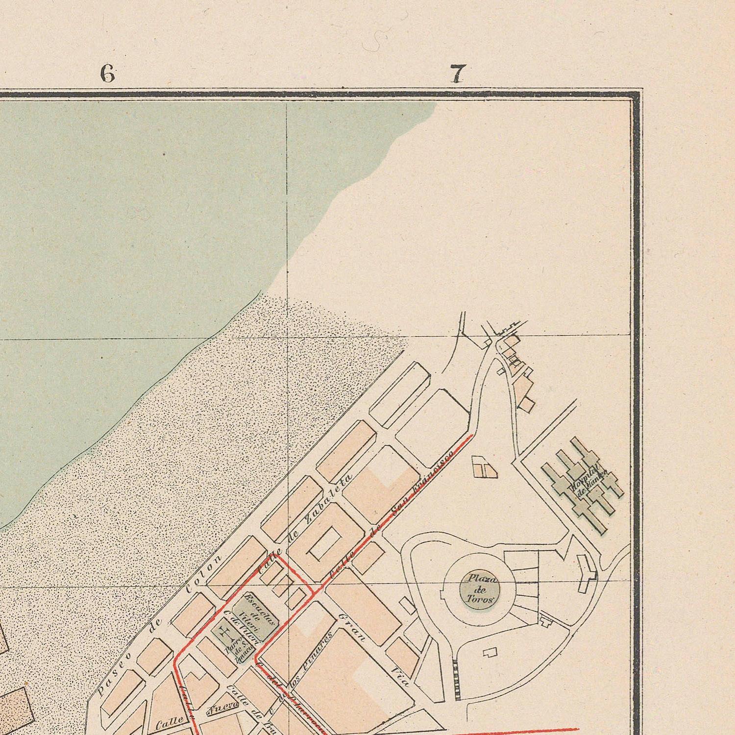 Vintage map of a coastal area with roads and buildings