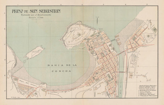 Vintage map of San Sebastian, Spain with coastal layout and landmarks.