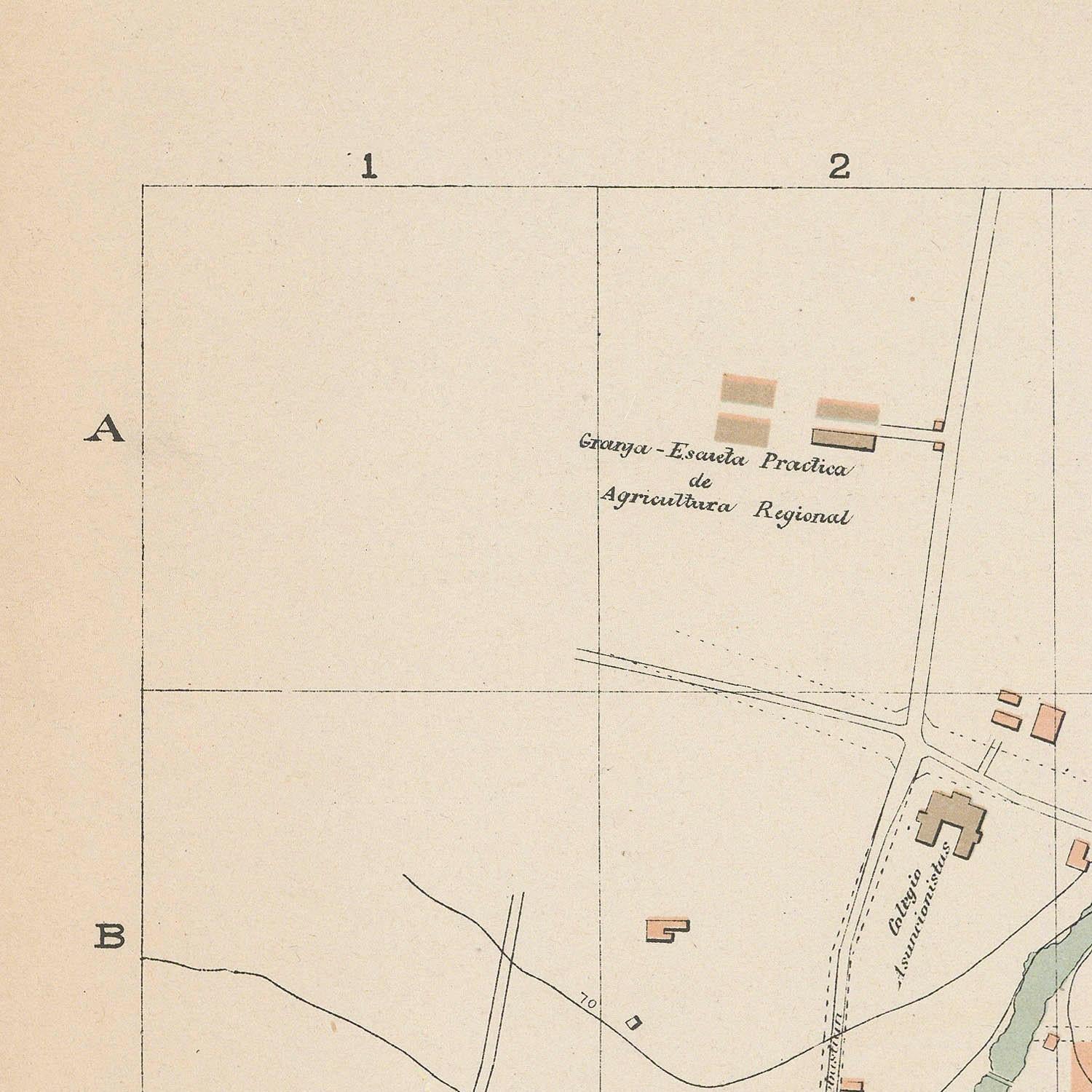 Old map with labeled sections and buildings on a beige background