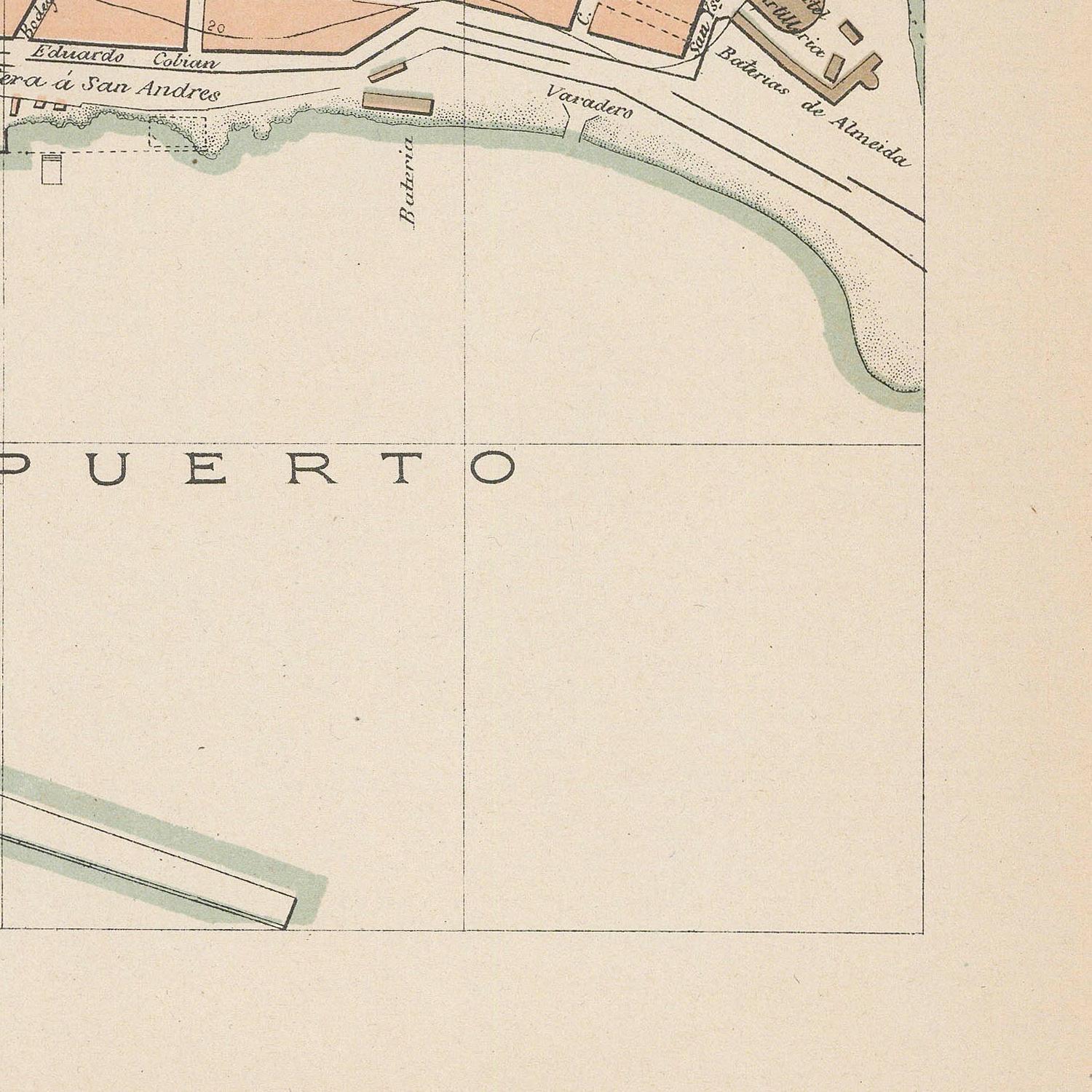 Vintage map section with 'PUERTO' and water body labeled 'Riachuelo', on a beige background.