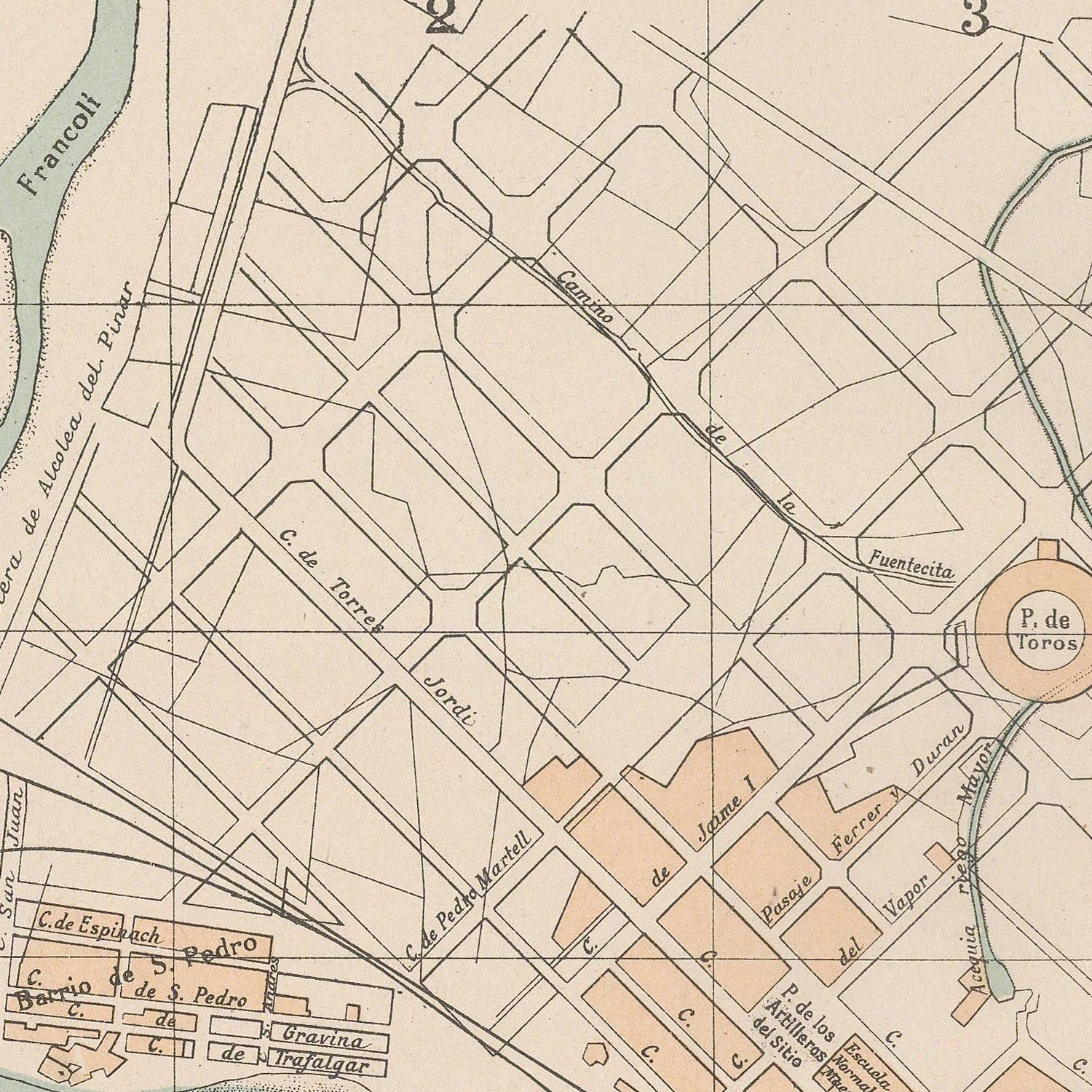 Vintage map of a city layout with streets and landmarks
