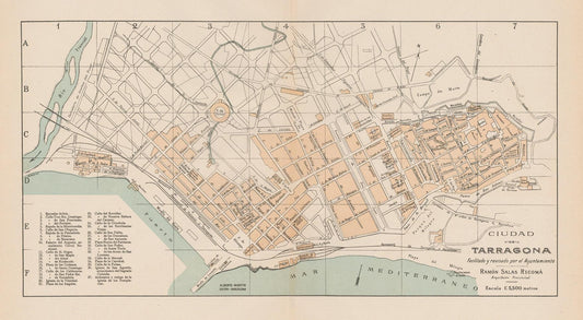 Vintage map of Tarragona with labeled streets and landmarks