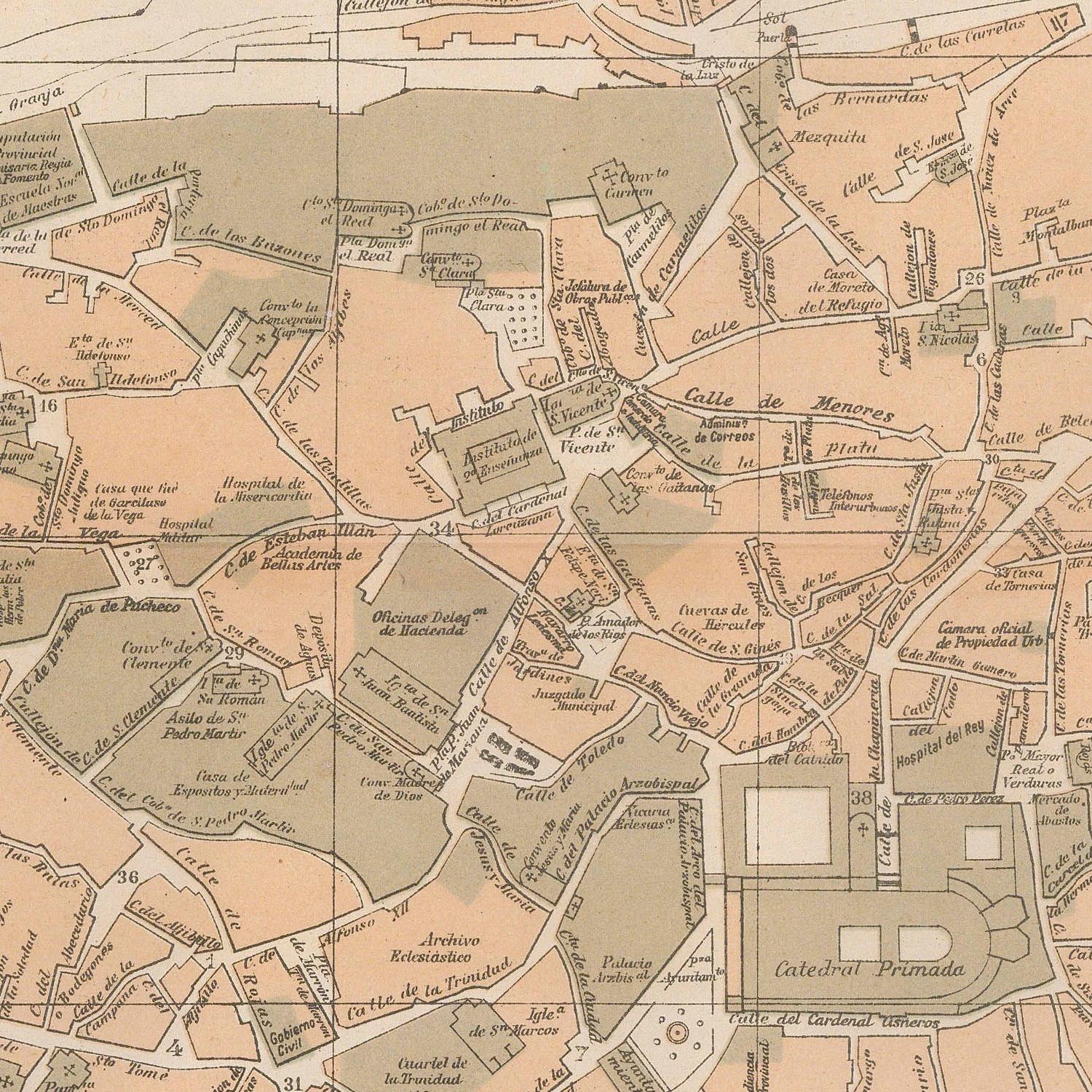 Vintage map of a city layout with streets and buildings