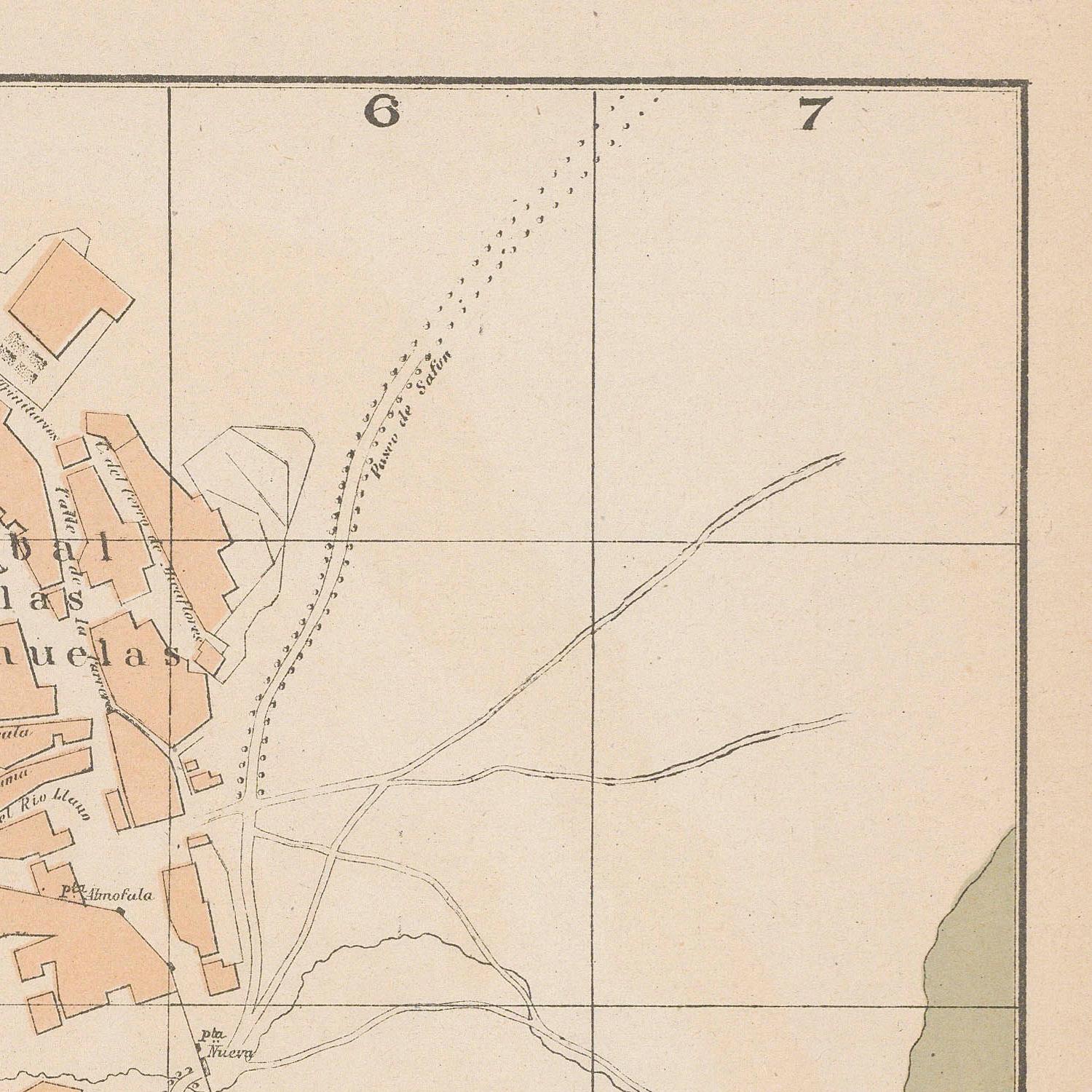 Old map with labeled streets and boundaries