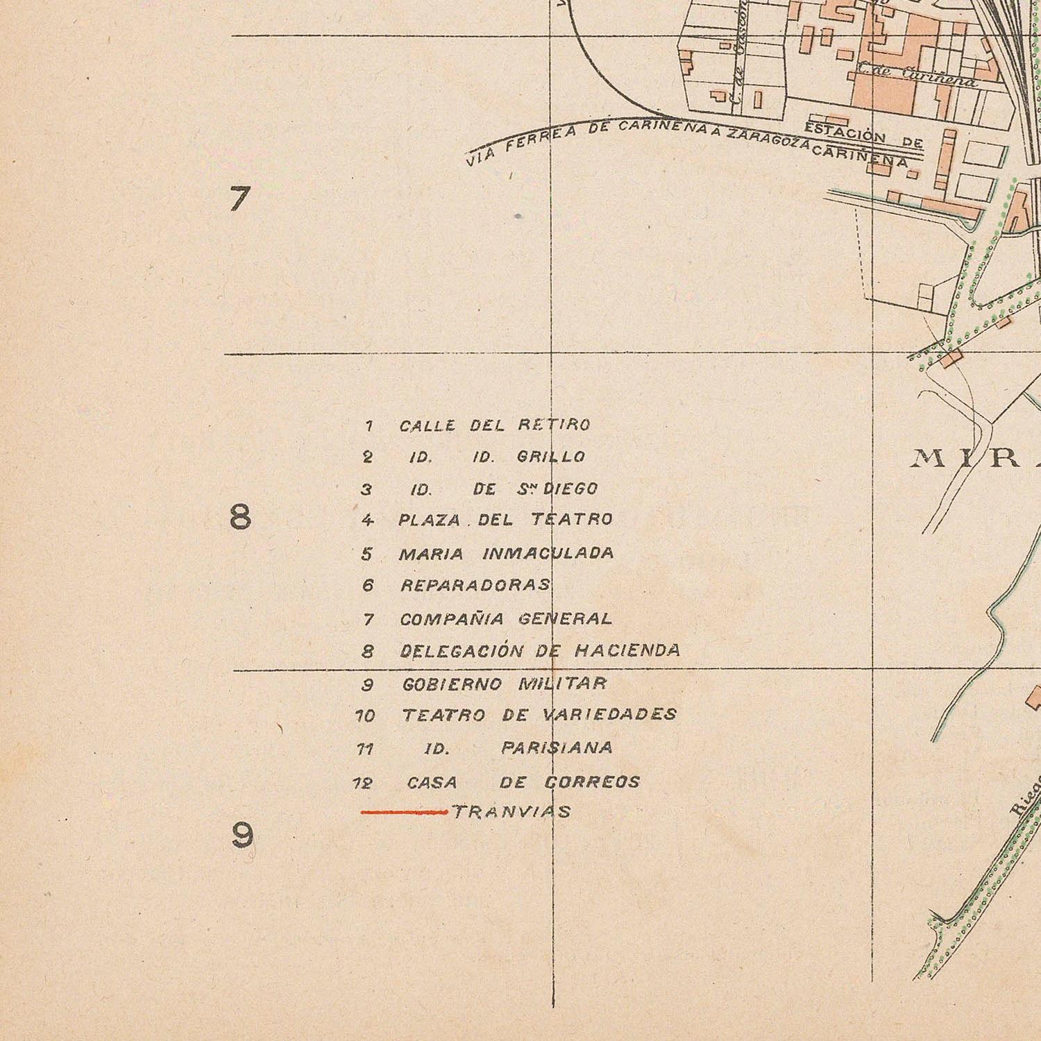Vintage map with labeled streets and landmarks on a beige background