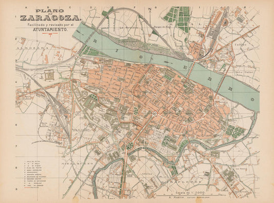 Vintage map of Zaragoza with colored sections and labels