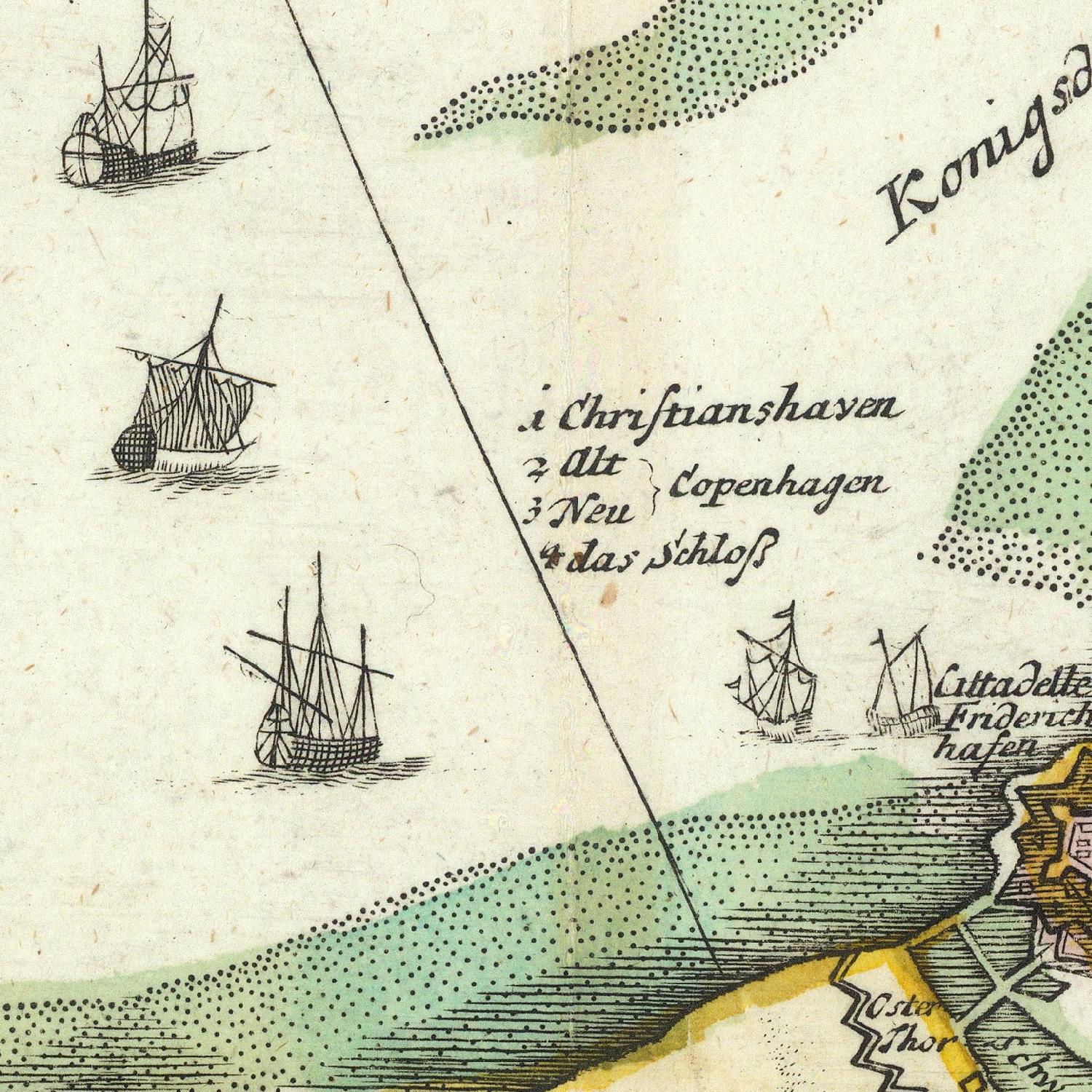 Vintage map of Copenhagen with ships and labeled locations