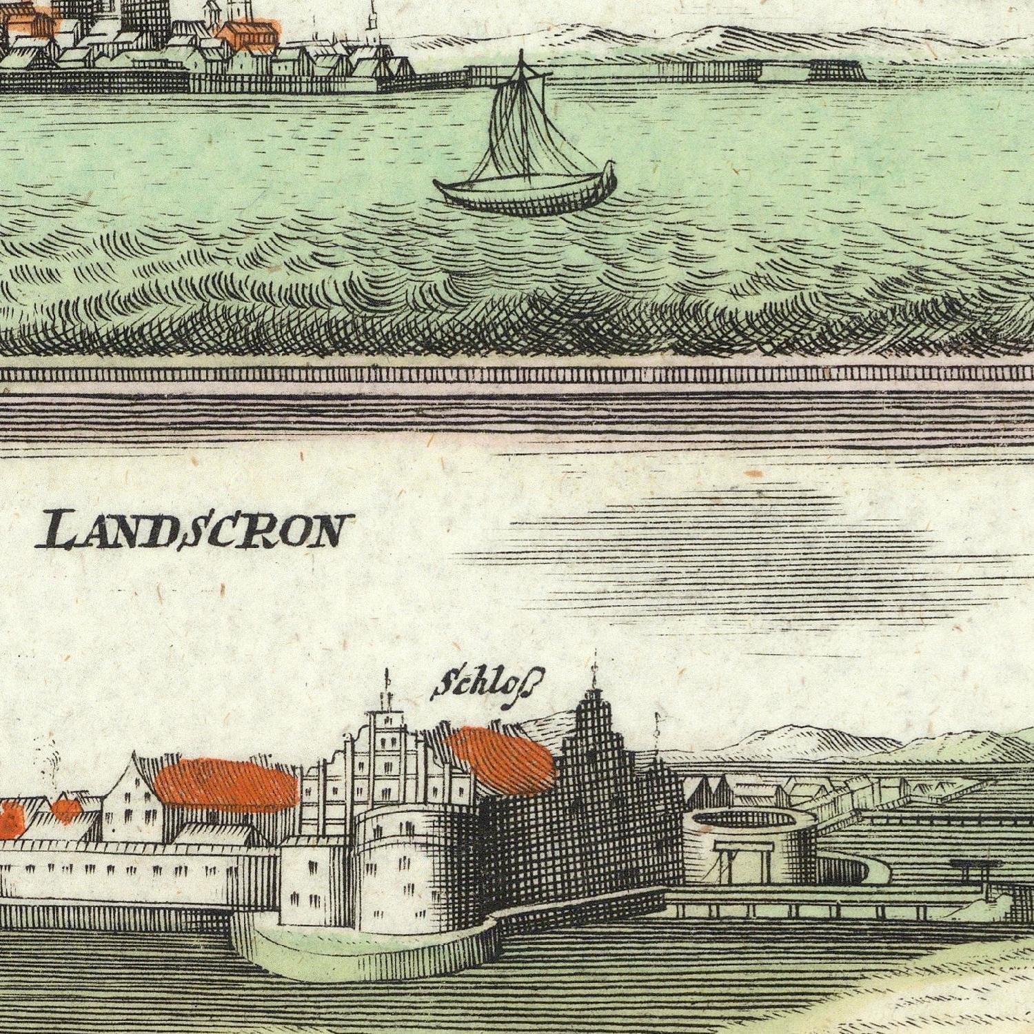 Vintage illustration of a coastal town with a castle and a sailboat on the water.