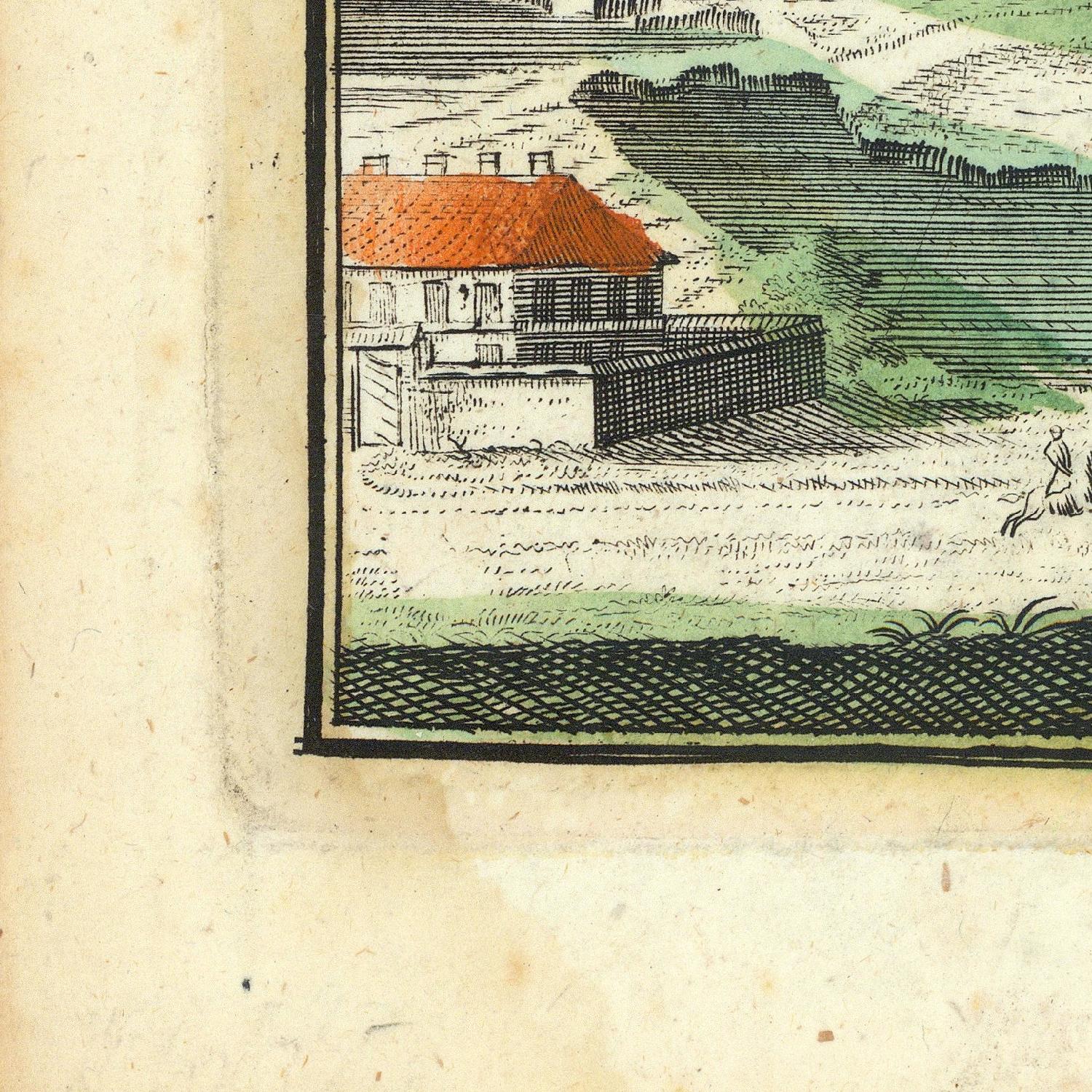 Vintage illustration of a house with a red roof in a natural setting