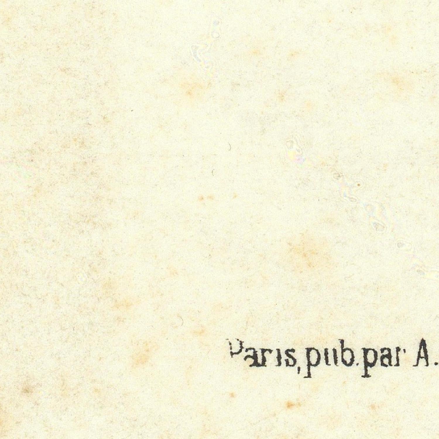 Text 'Paris, pub. par A.' on a textured beige background