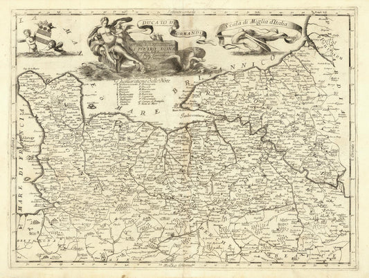 Vintage map of a region with decorative elements at the top