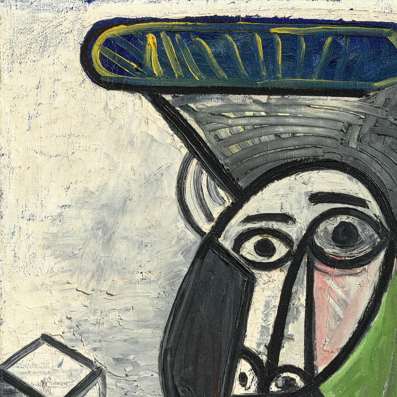 Abstract painting of a face with a blue hat on a textured beige background
