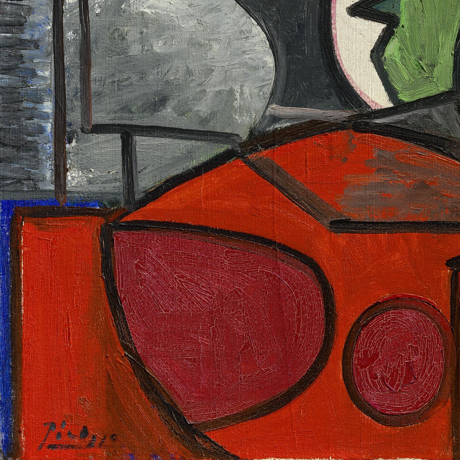 Abstract painting with geometric shapes in red, gray, green, and blue.