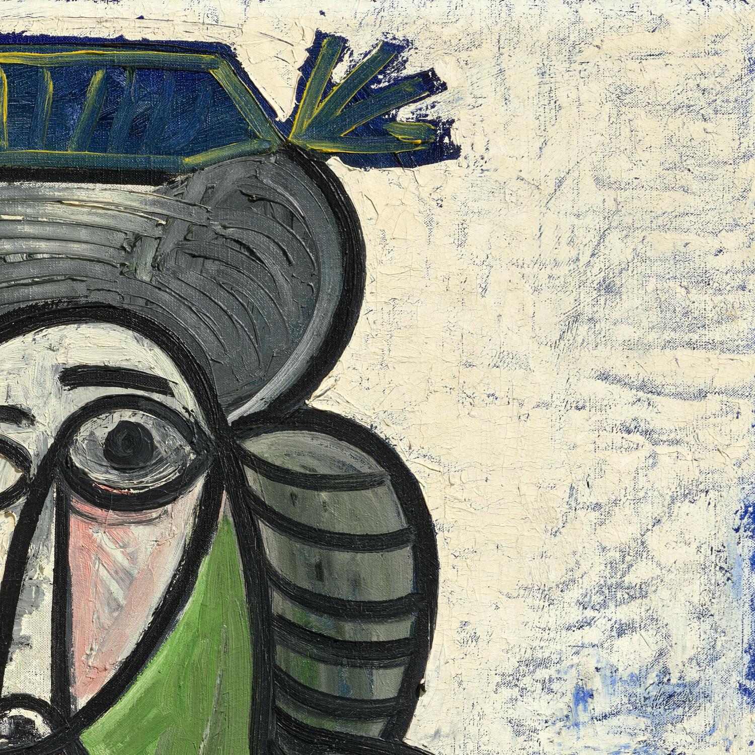 Abstract artwork with a stylized face on a textured beige background