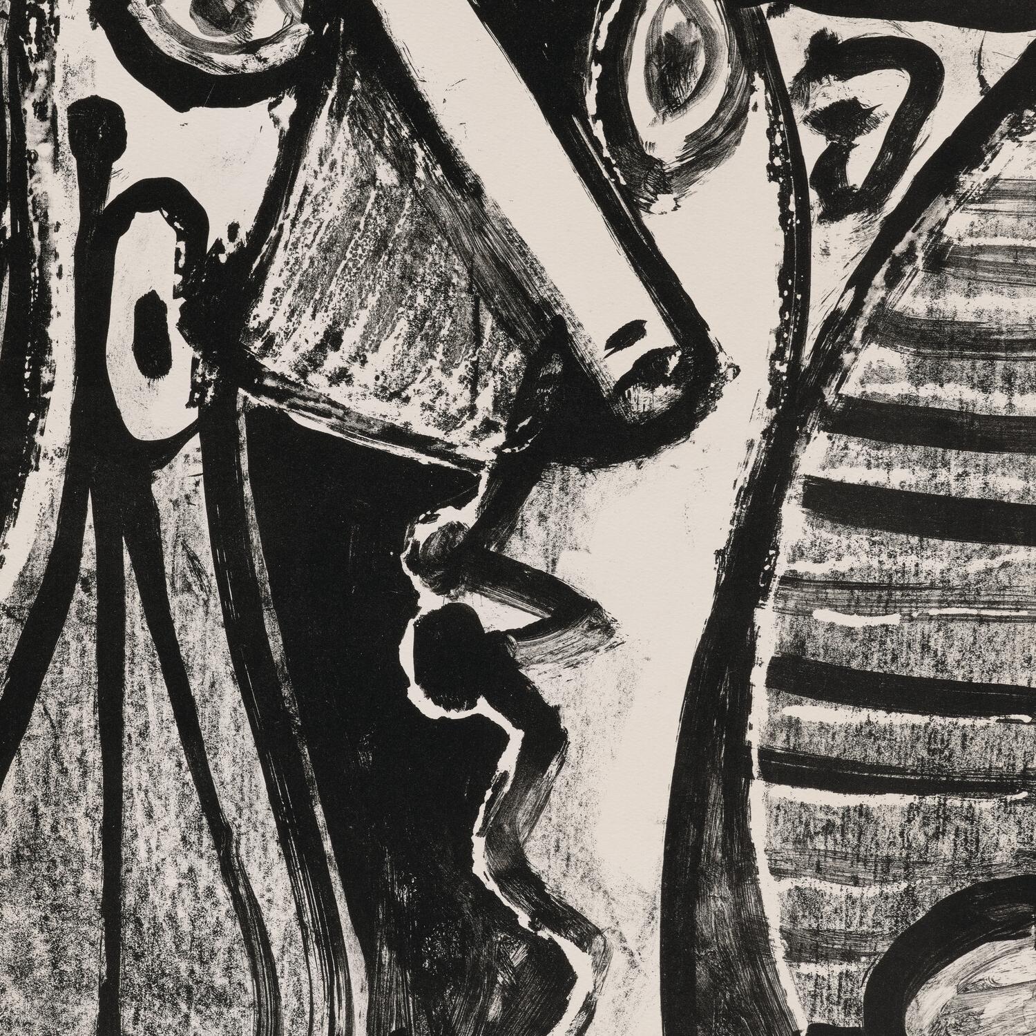 Black and white abstract artwork with geometric shapes and patterns