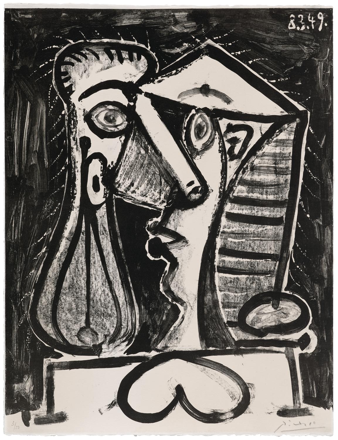 Black and white artwork of a stylized face with geometric shapes on a black background