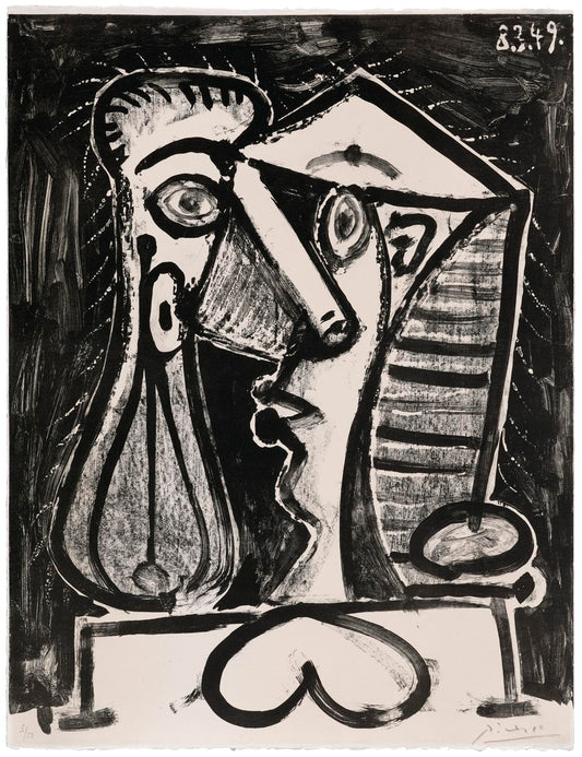 Black and white artwork of a stylized face with geometric shapes on a black background