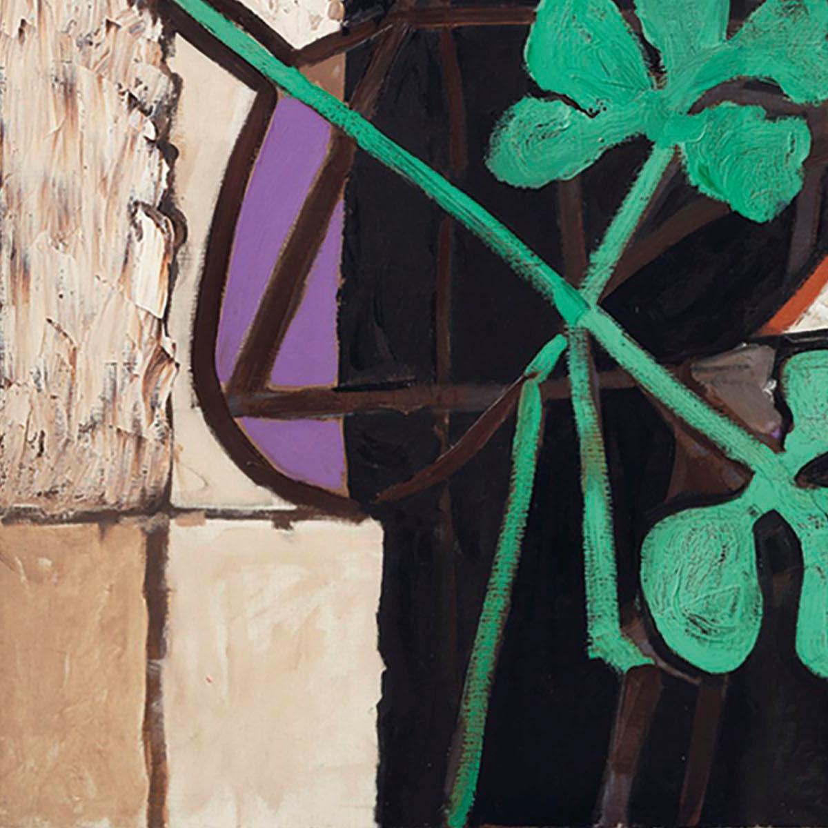 Abstract artwork with green plant-like shapes and brown, purple, and beige geometric elements.