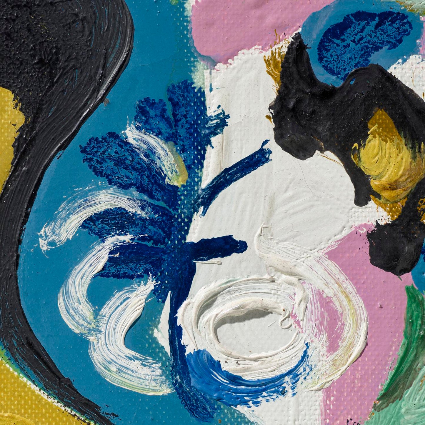 Abstract painting with a black cat, blue flowers, and colorful background