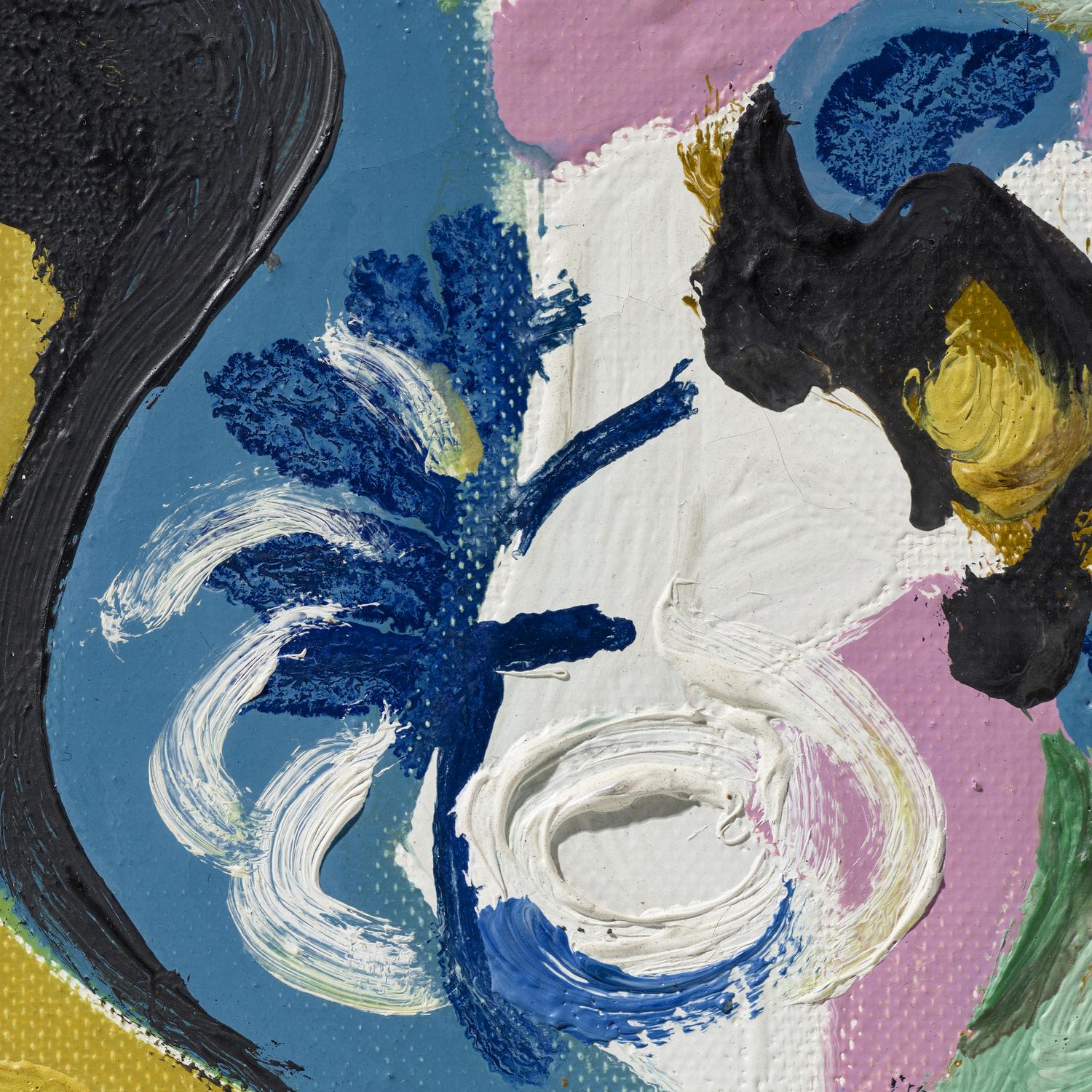 Abstract painting with a black cat, blue flowers, and colorful background