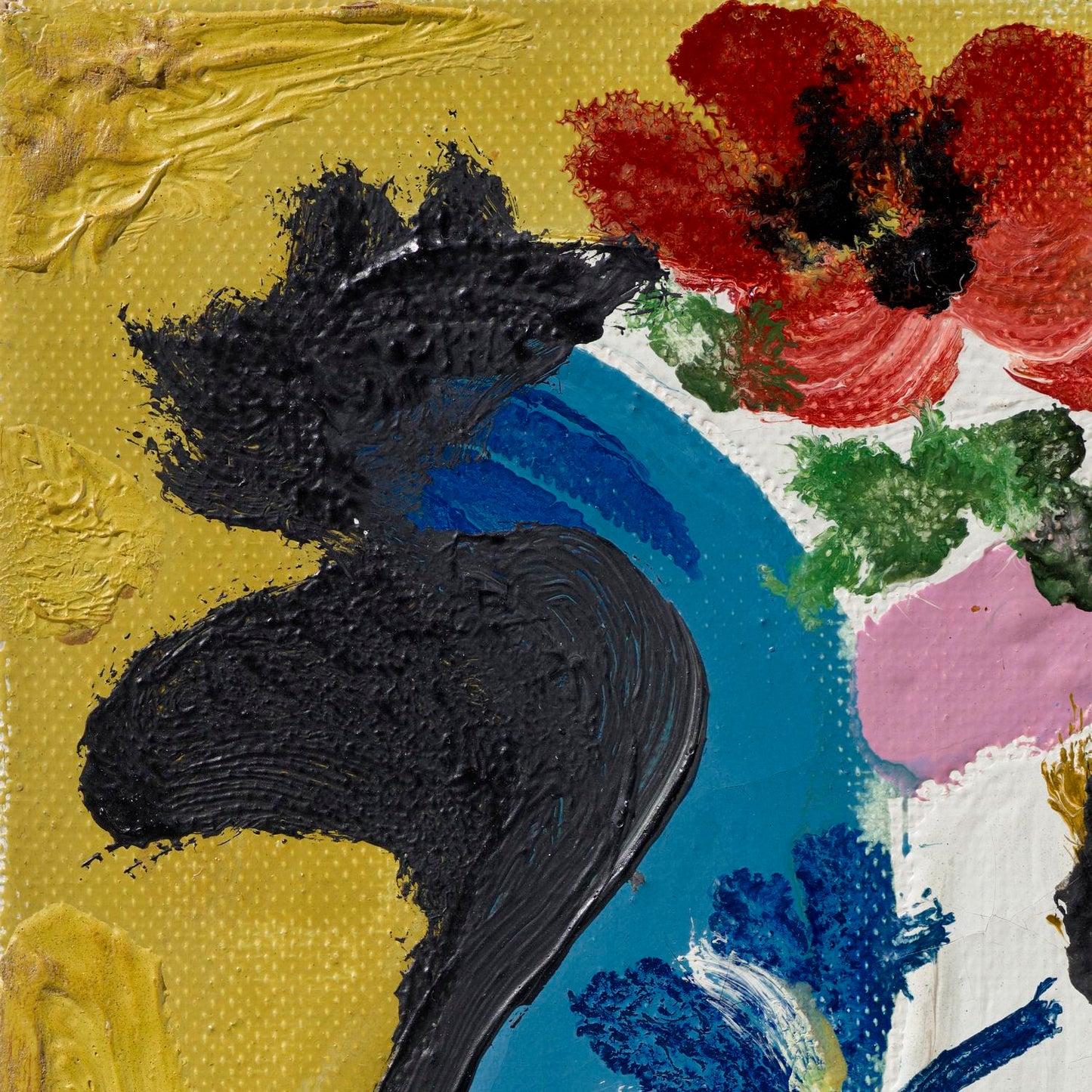Abstract painting with black, red, blue, green, and purple colors on a textured gold background.