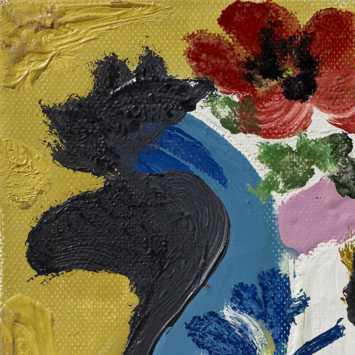 Abstract painting with black, red, blue, green, and purple colors on a textured gold background.
