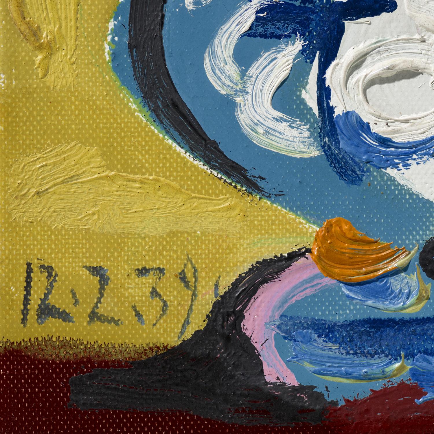 Abstract painting with swirling colors and a date '12239' on a textured background.