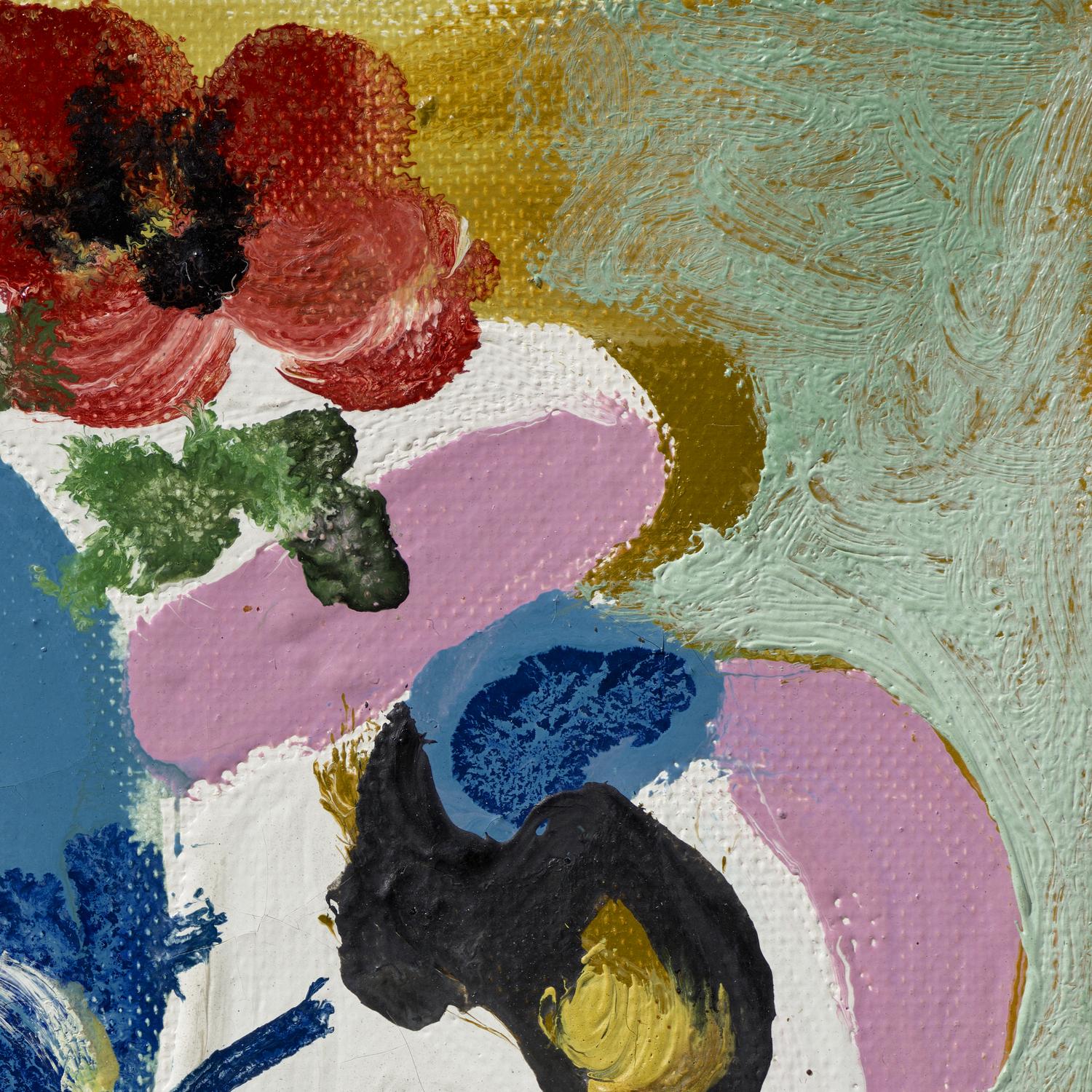 Abstract painting with colorful flowers and shapes